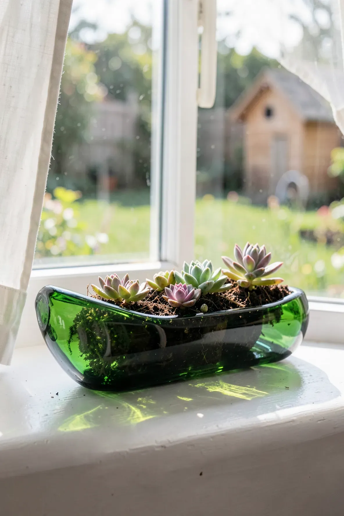A green wine bottle cut in half and used as a succulent planter on a sunny white windowsill.