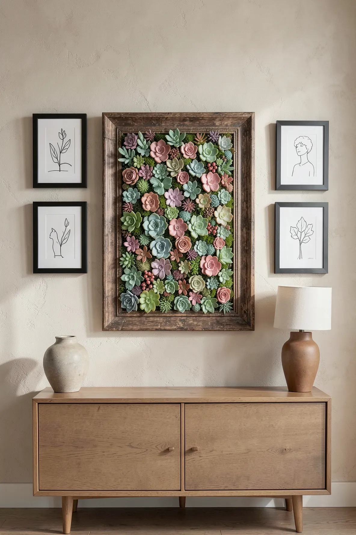 A vintage wooden picture frame filled with a variety of colorful succulents hanging on a wall.