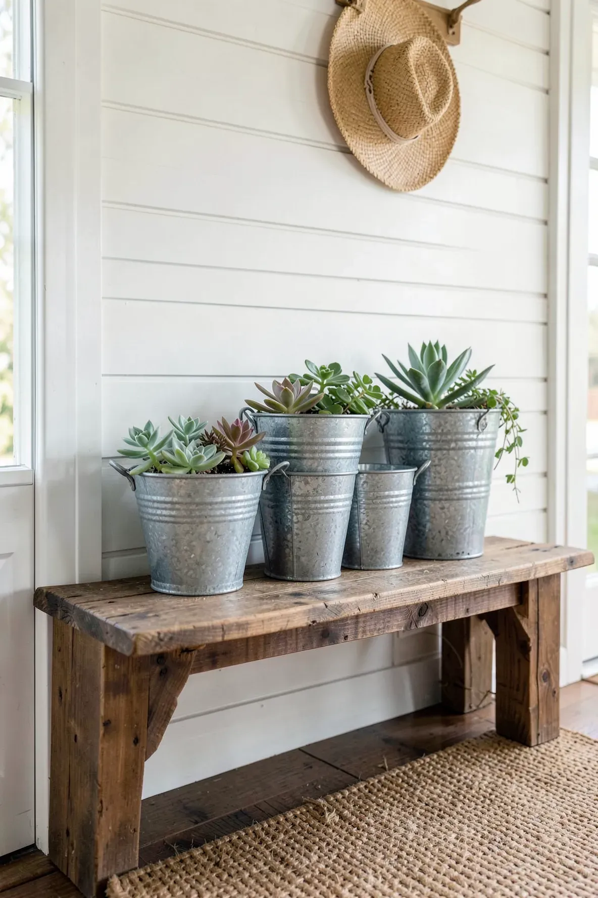 A group of three galvanized metal buckets of different sizes filled with succulents on a wooden bench.