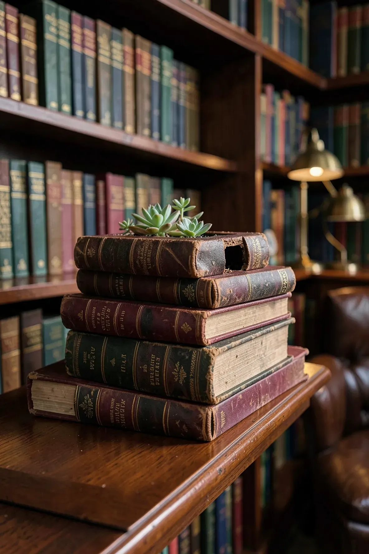 A stack of old antique books with the top one hollowed out to hold small green succulents.