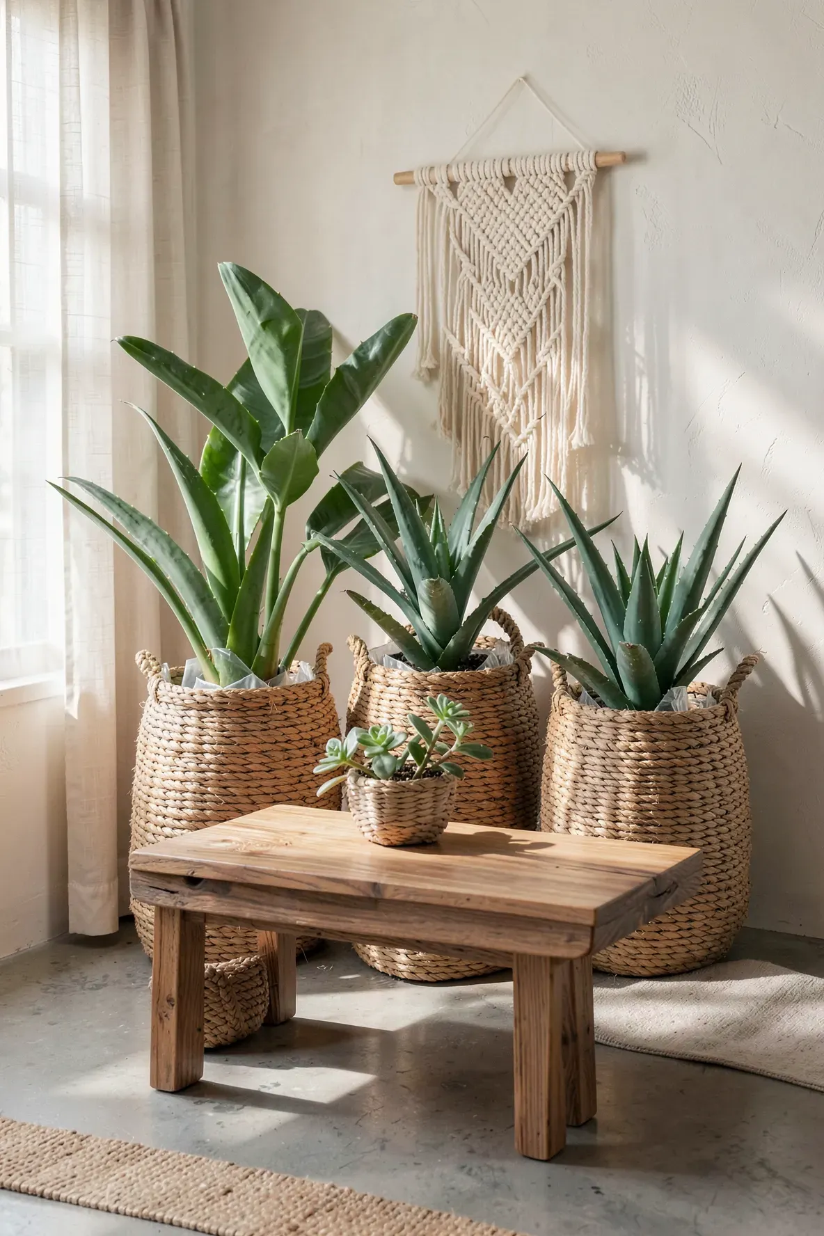 Three braided sea grass baskets holding large succulents in a sunlit bohemian room.