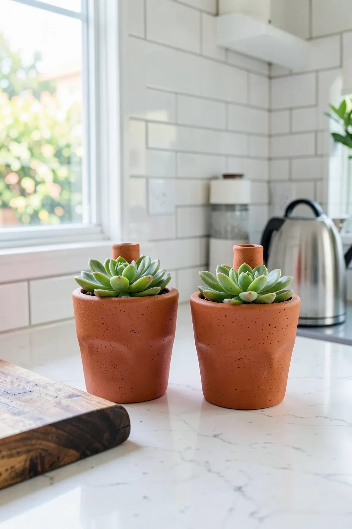 Miniature terracotta chiminea pots with succulents on a marble kitchen counter.