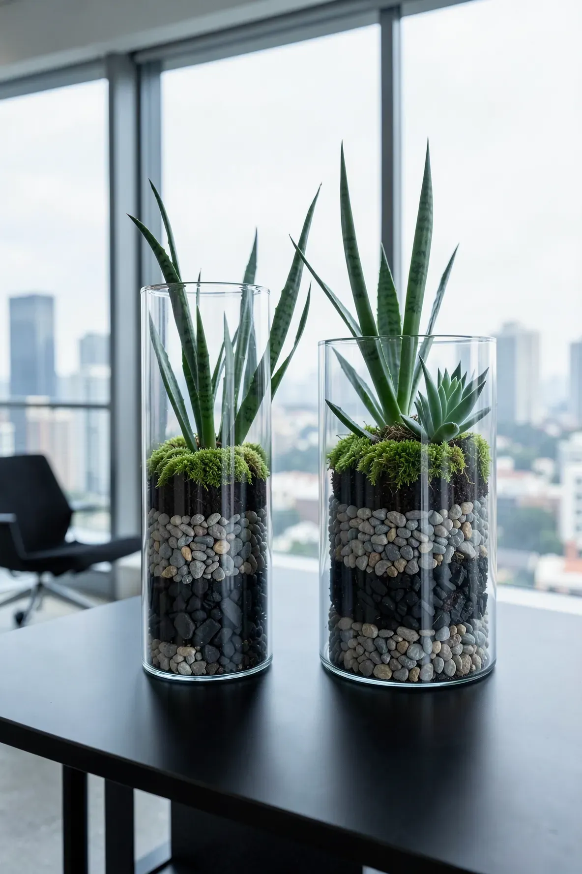Tall glass cylinders with layered charcoal and moss holding succulents in a modern office.