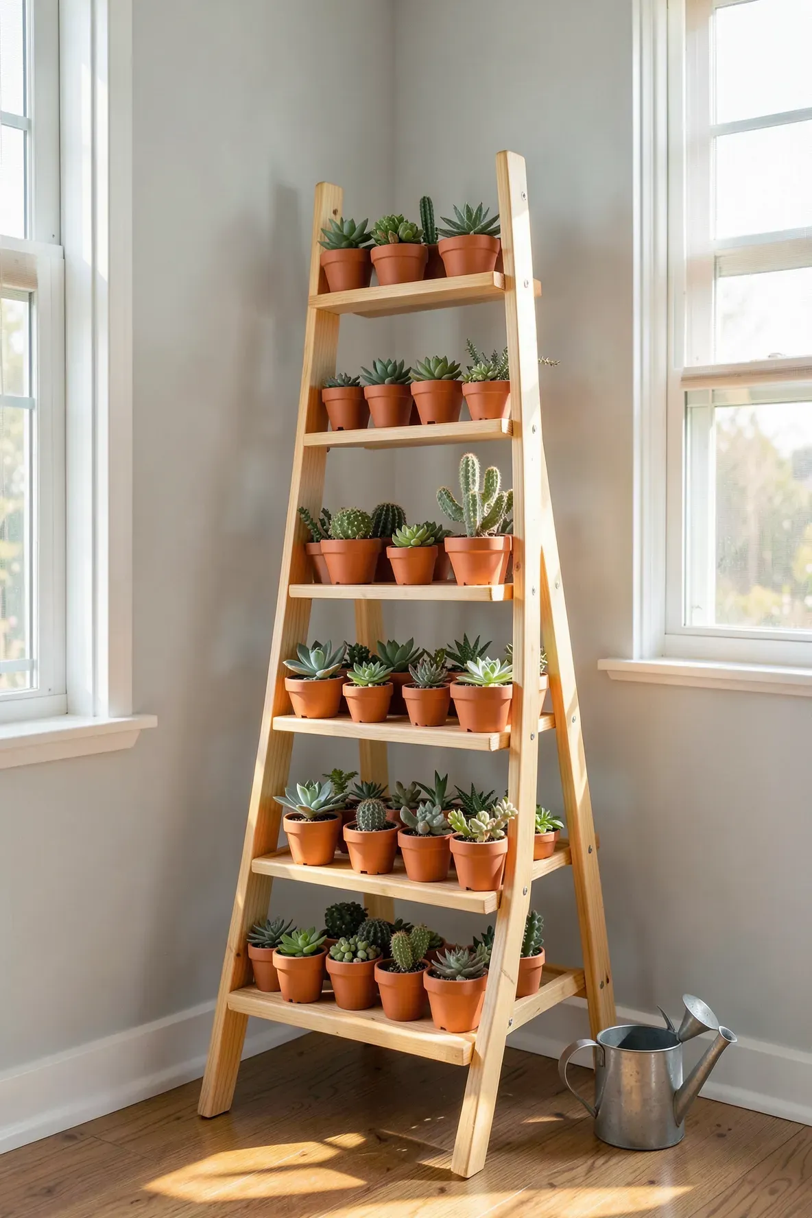 A wooden ladder shelf filled with small terracotta succulent pots in a sunny room.