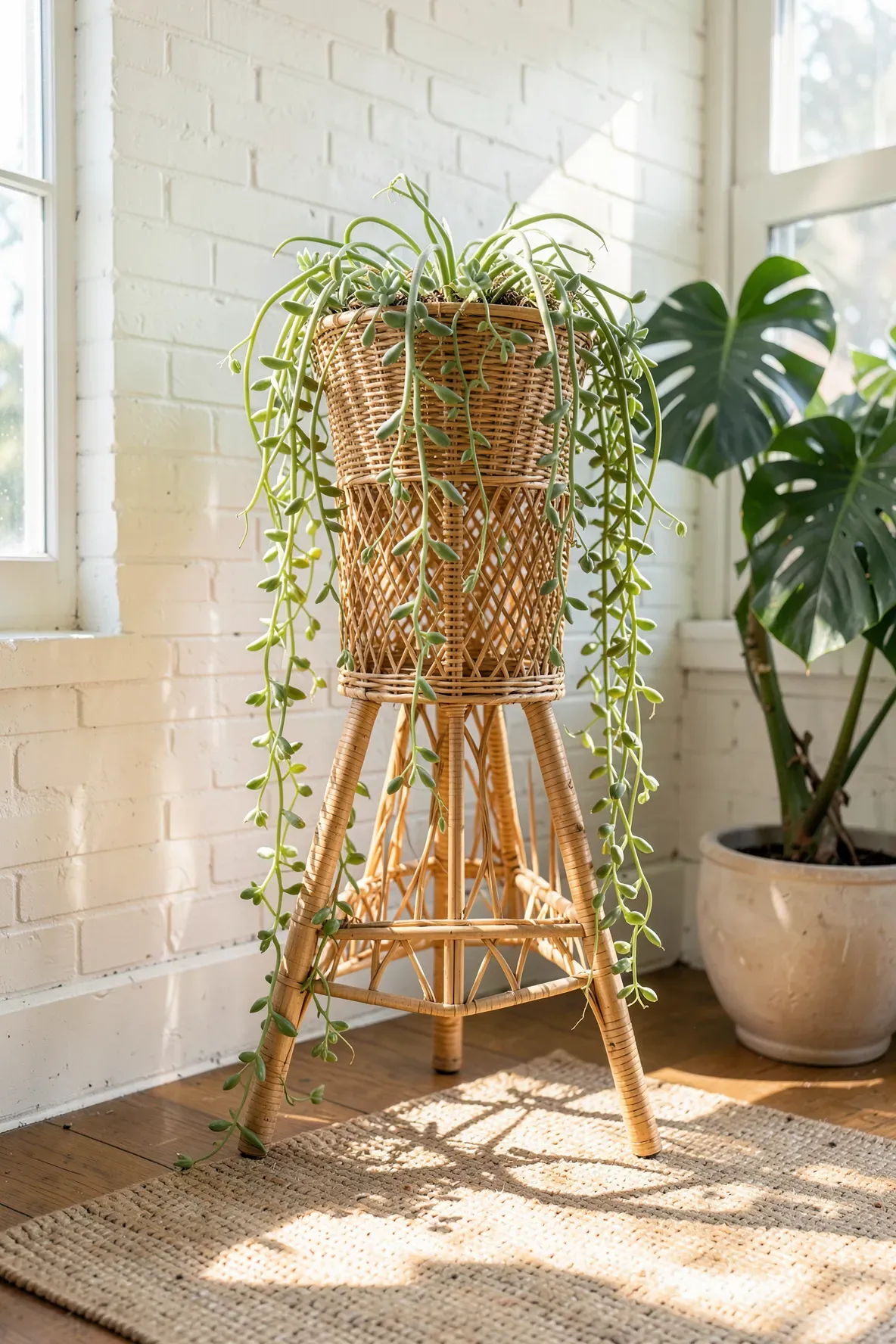 A vintage rattan plant stand with trailing succulents spilling over the sides in a sunroom.