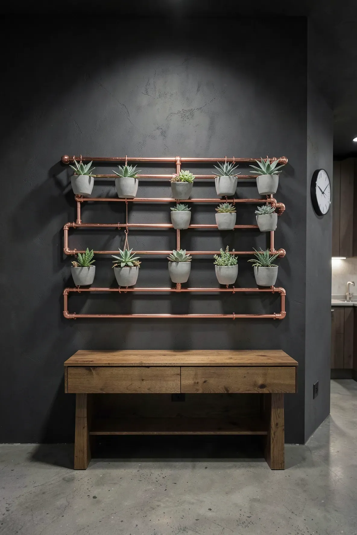 A custom copper pipe wall rack with small hanging succulent pots against a dark wall.