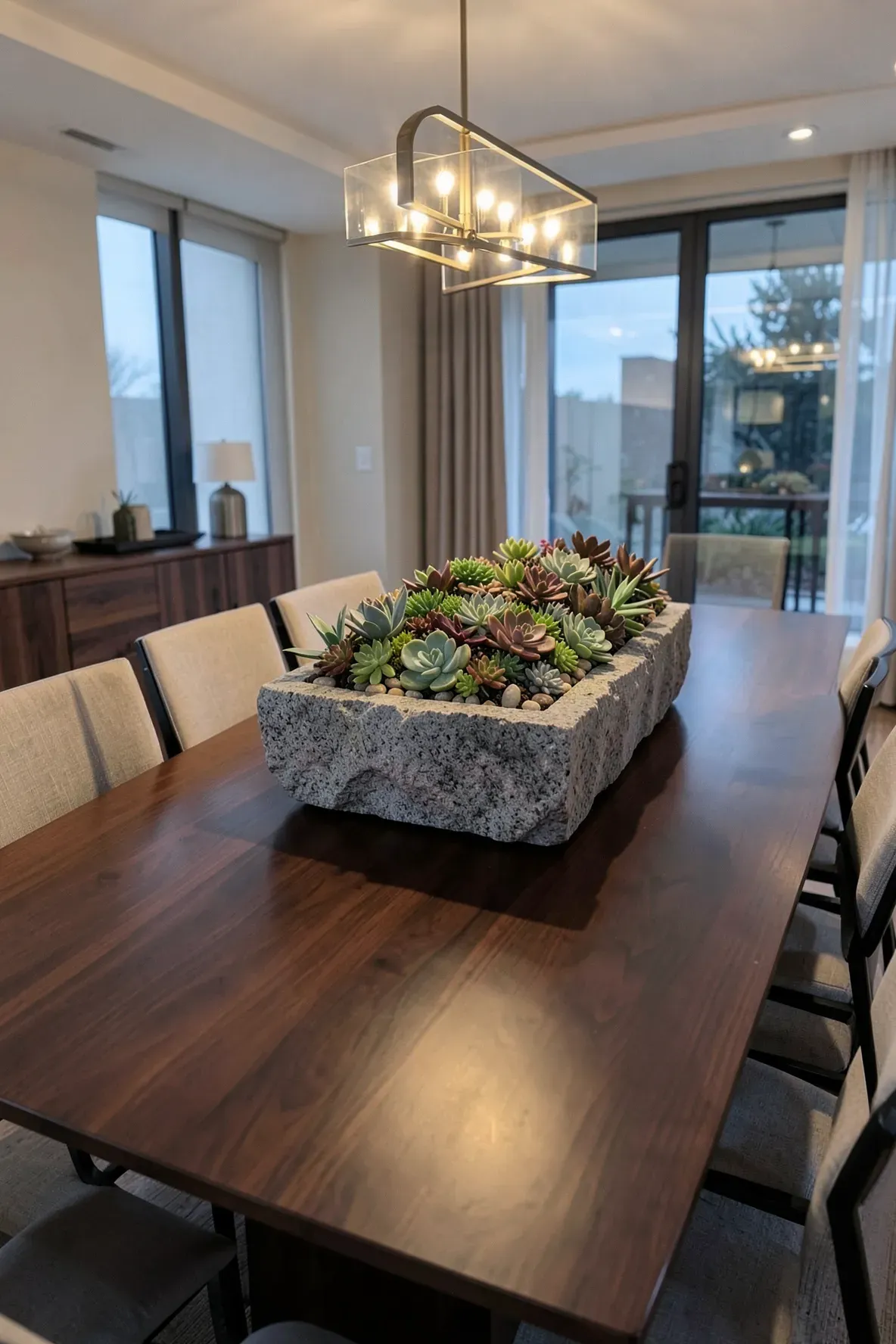 A large stone trough filled with a variety of succulents as a dining table centerpiece.