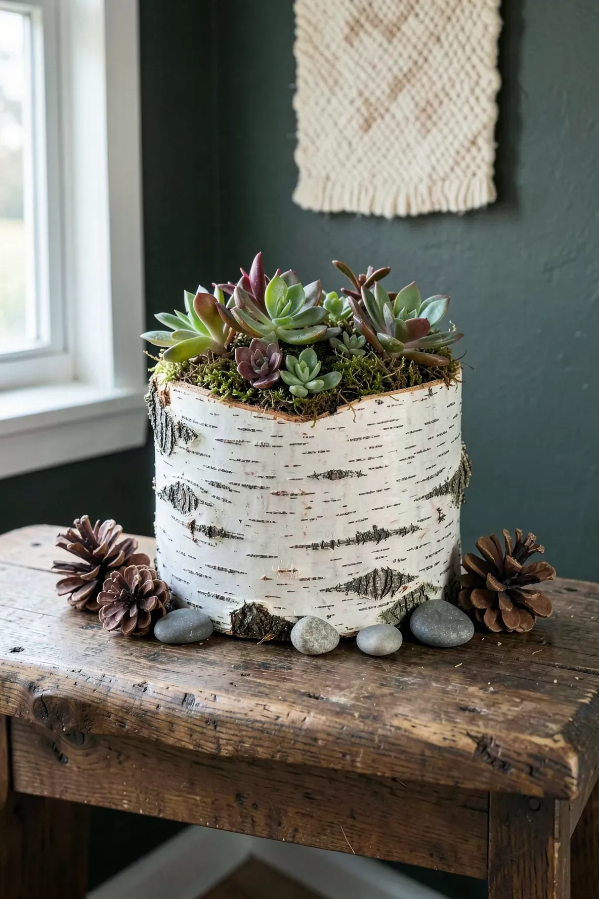 A white birch log hollowed out and planted with various green and red succulents on a wooden table.