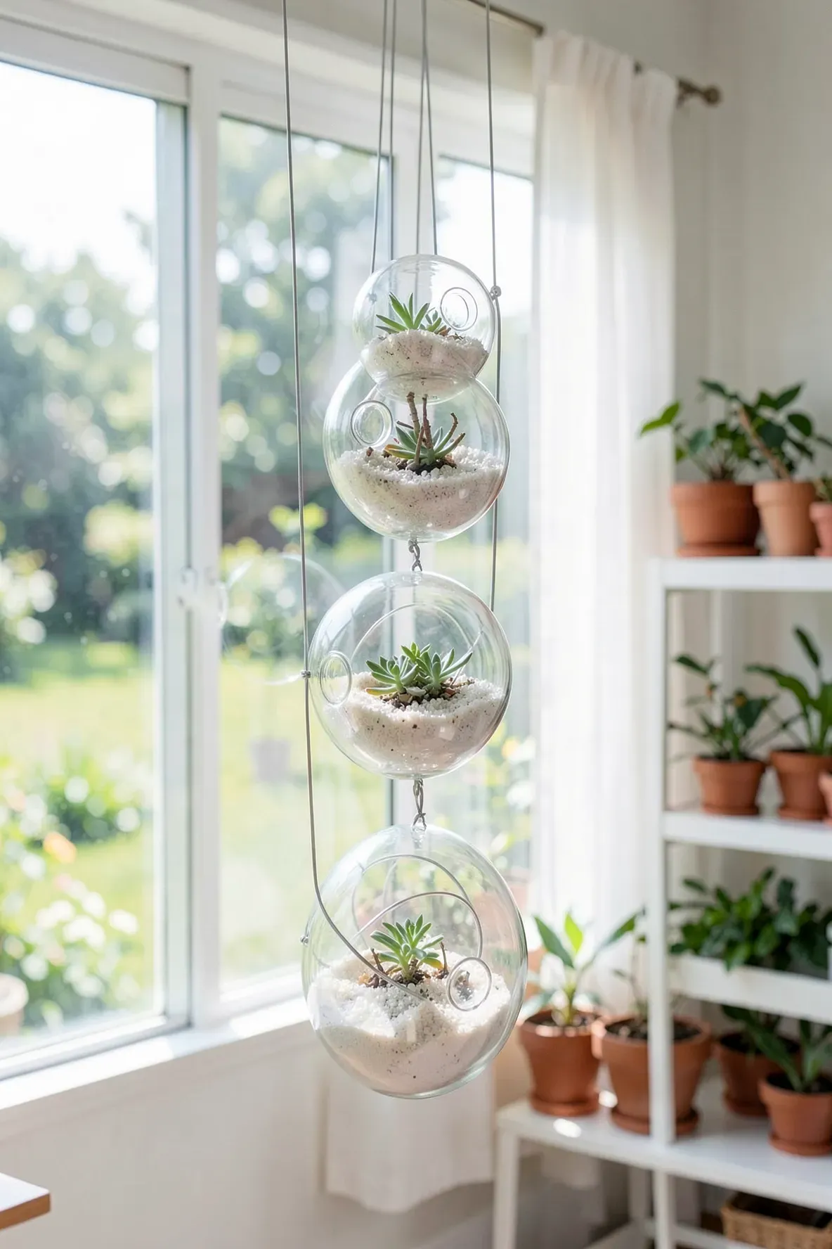 Three clear glass orbs hanging at different heights, each containing a small succulent cutting.