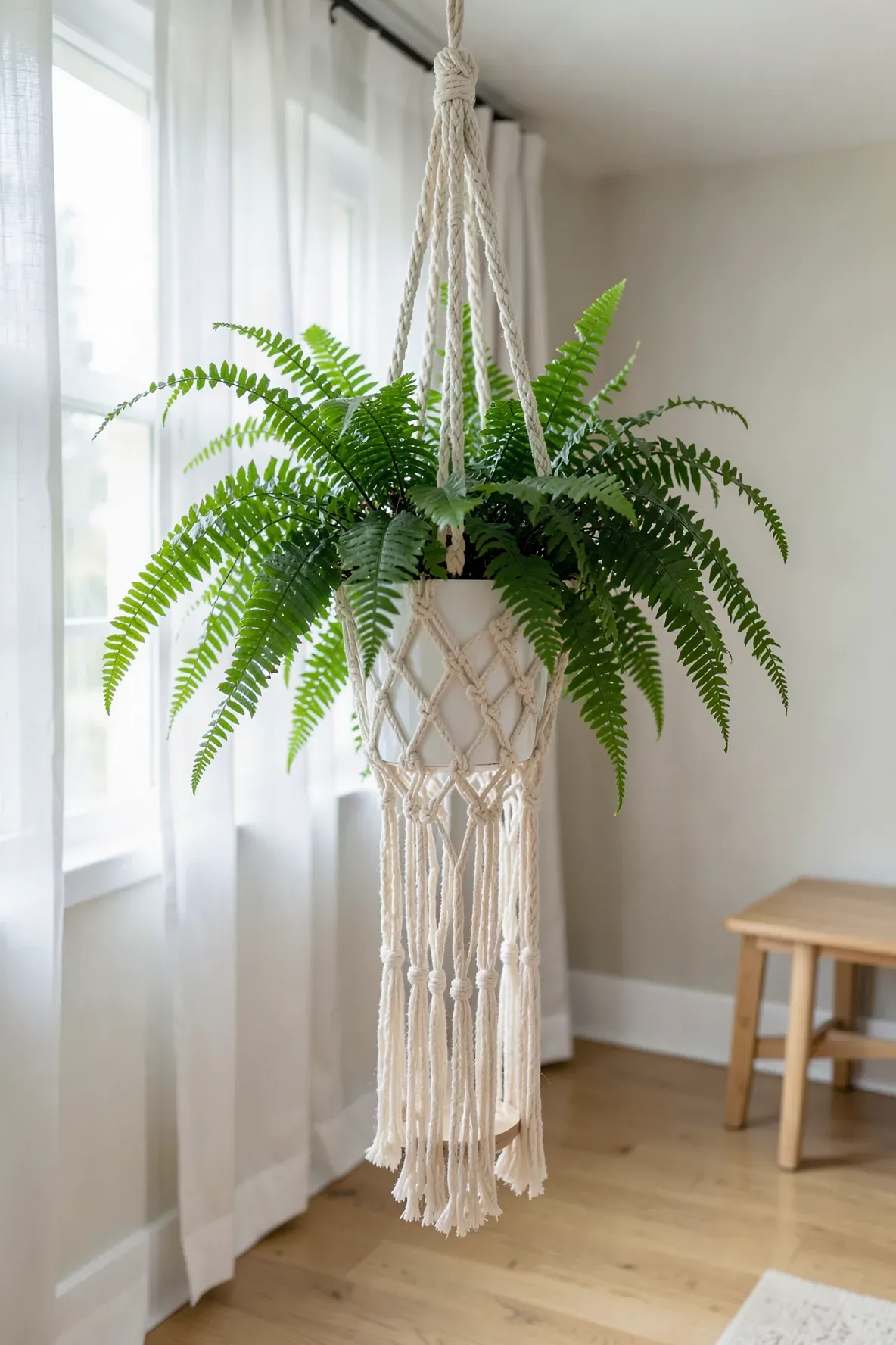 A lush Boston fern in a white pot hangs from a cream macramé rope in a sunlit room.