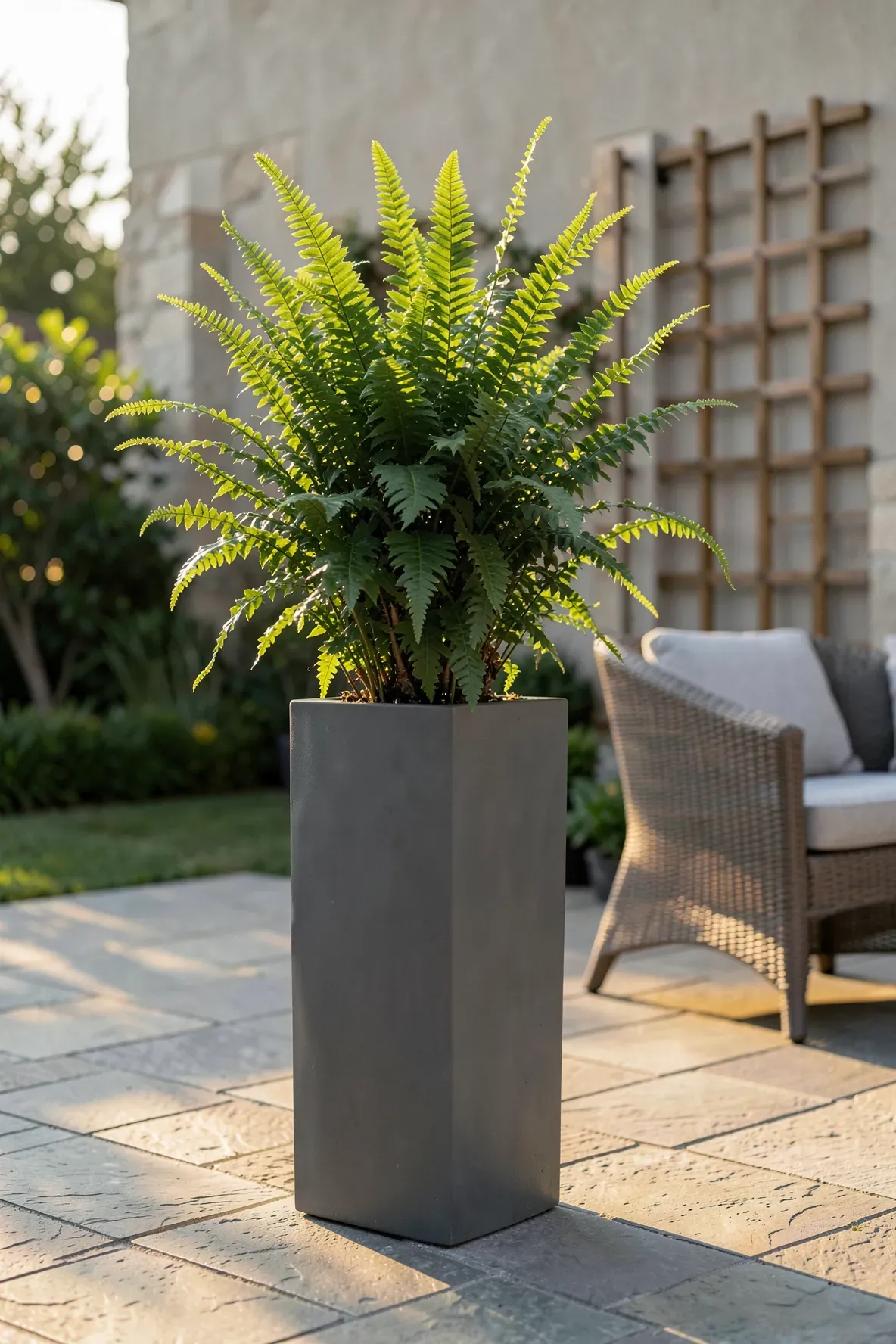 An upright Kimberly Queen fern in a tall charcoal pedestal planter on a stone patio.