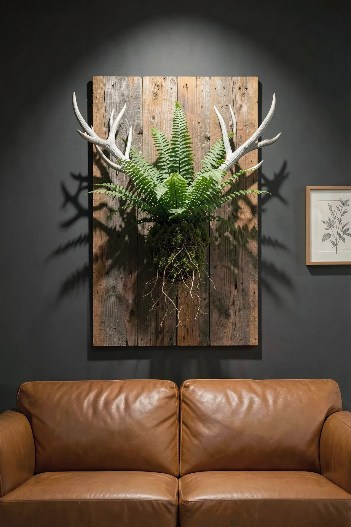 A Staghorn fern mounted on a rustic wood plank on a dark grey wall above a leather sofa.