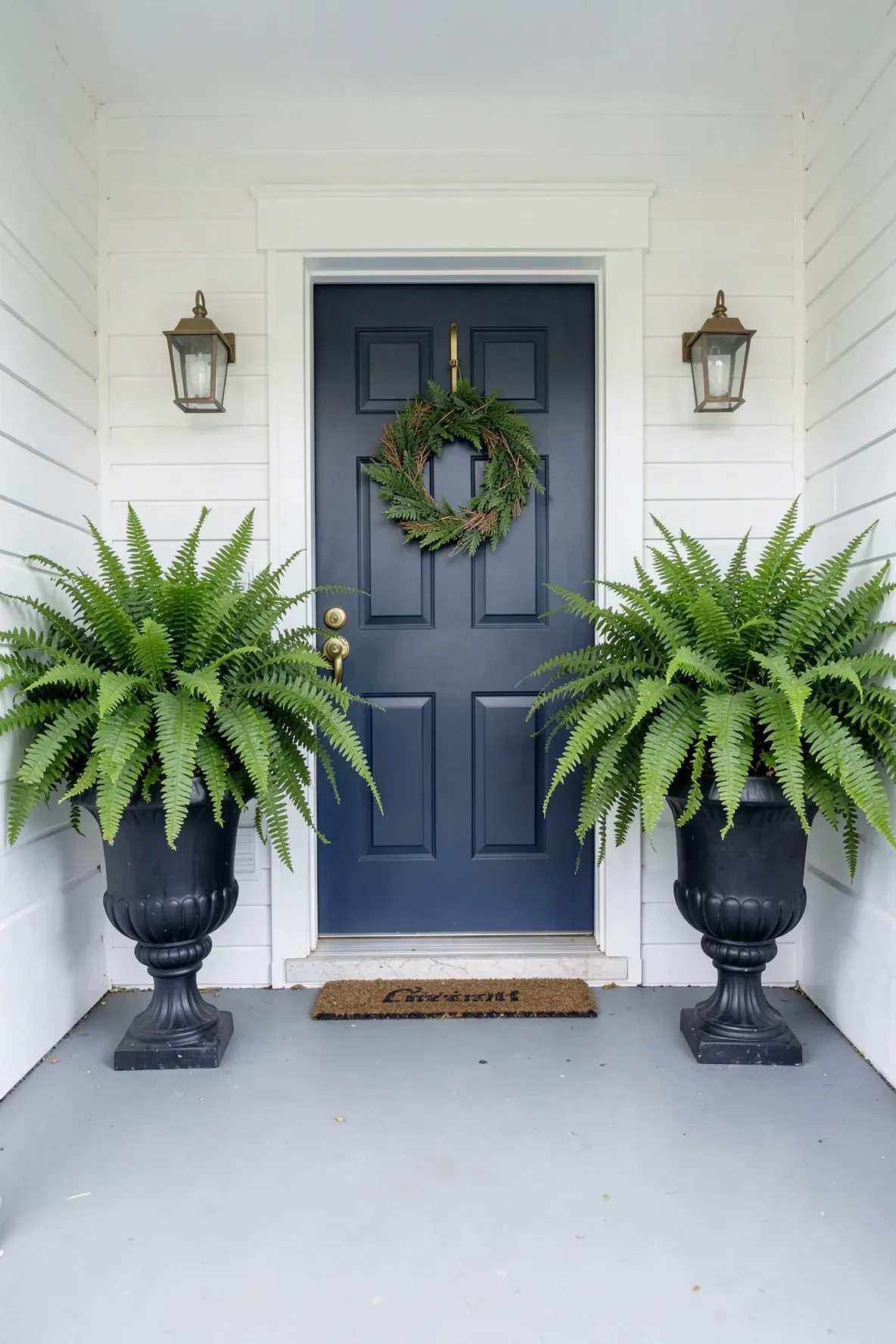 Two large Boston ferns in black pedestal urns flanking a navy blue front door.
