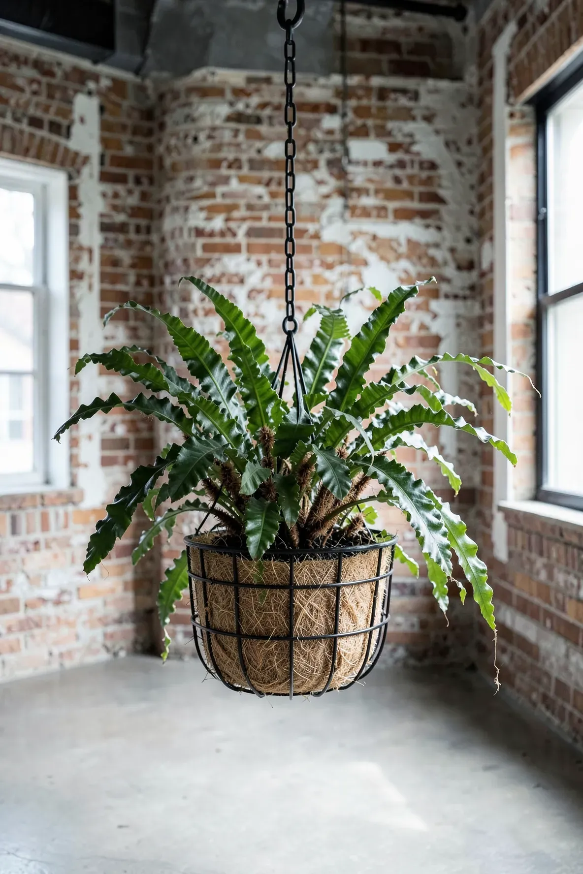 A lush Kangaroo Paw fern with fuzzy rhizomes in a hanging metal basket against a brick wall.