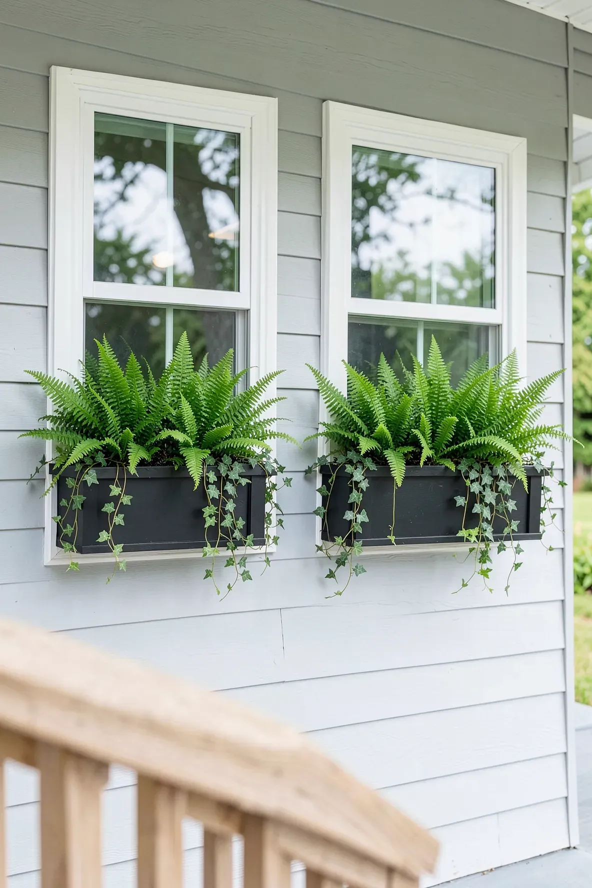 Two black window boxes filled with lush green ferns and ivy on a gray house exterior.