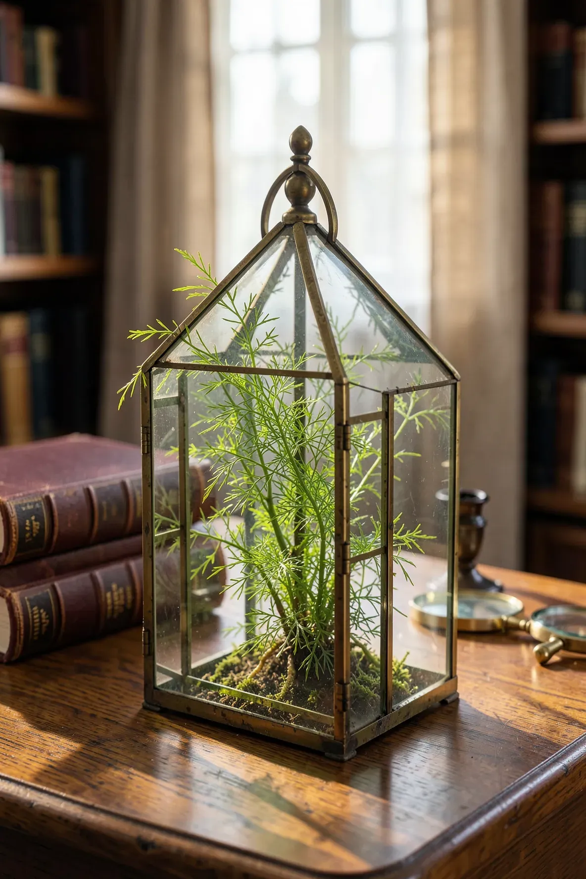 A wispy Asparagus fern inside a Victorian glass and brass terrarium on a wooden desk.