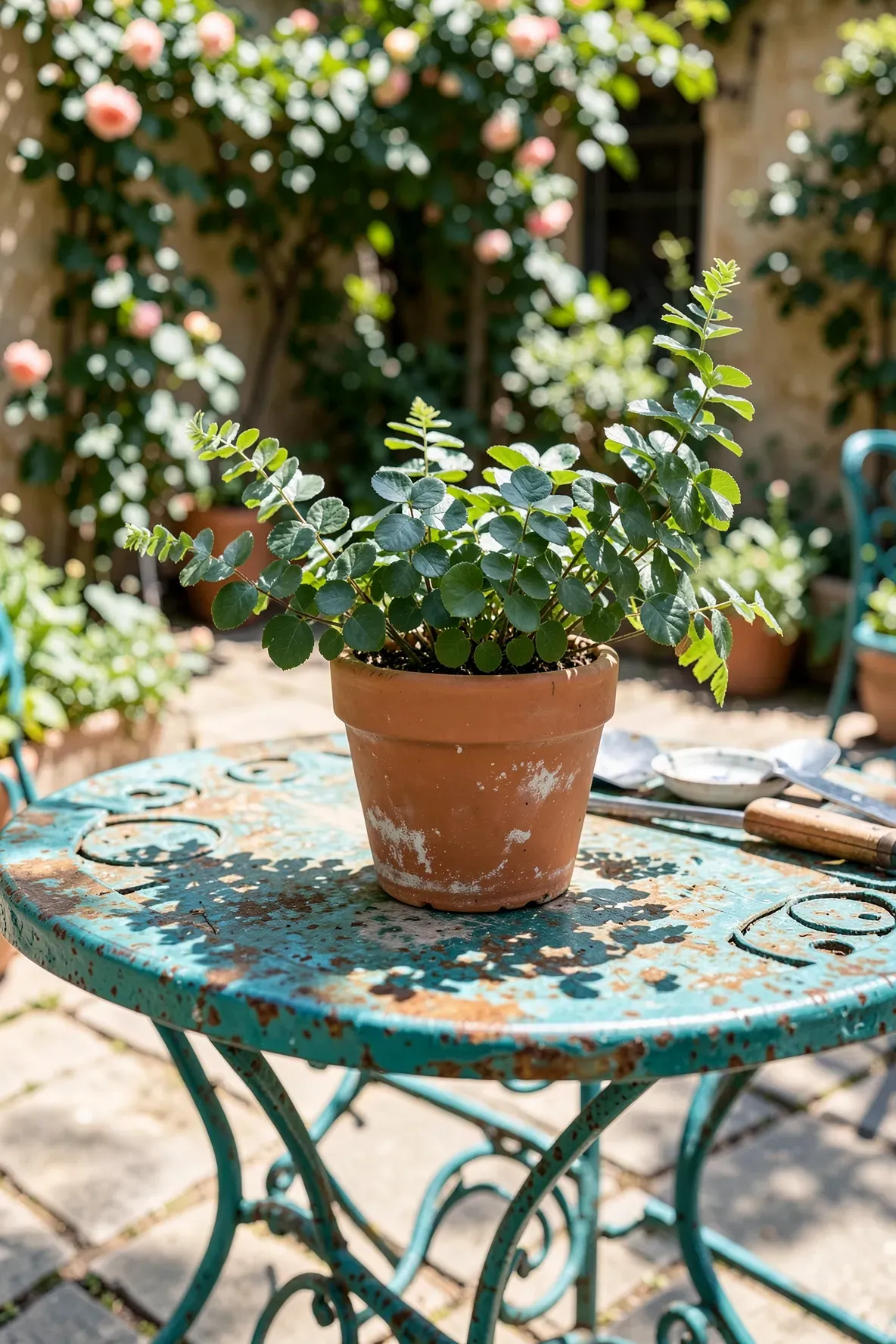 A small Button fern with round leaves in a terracotta pot on a teal bistro table.