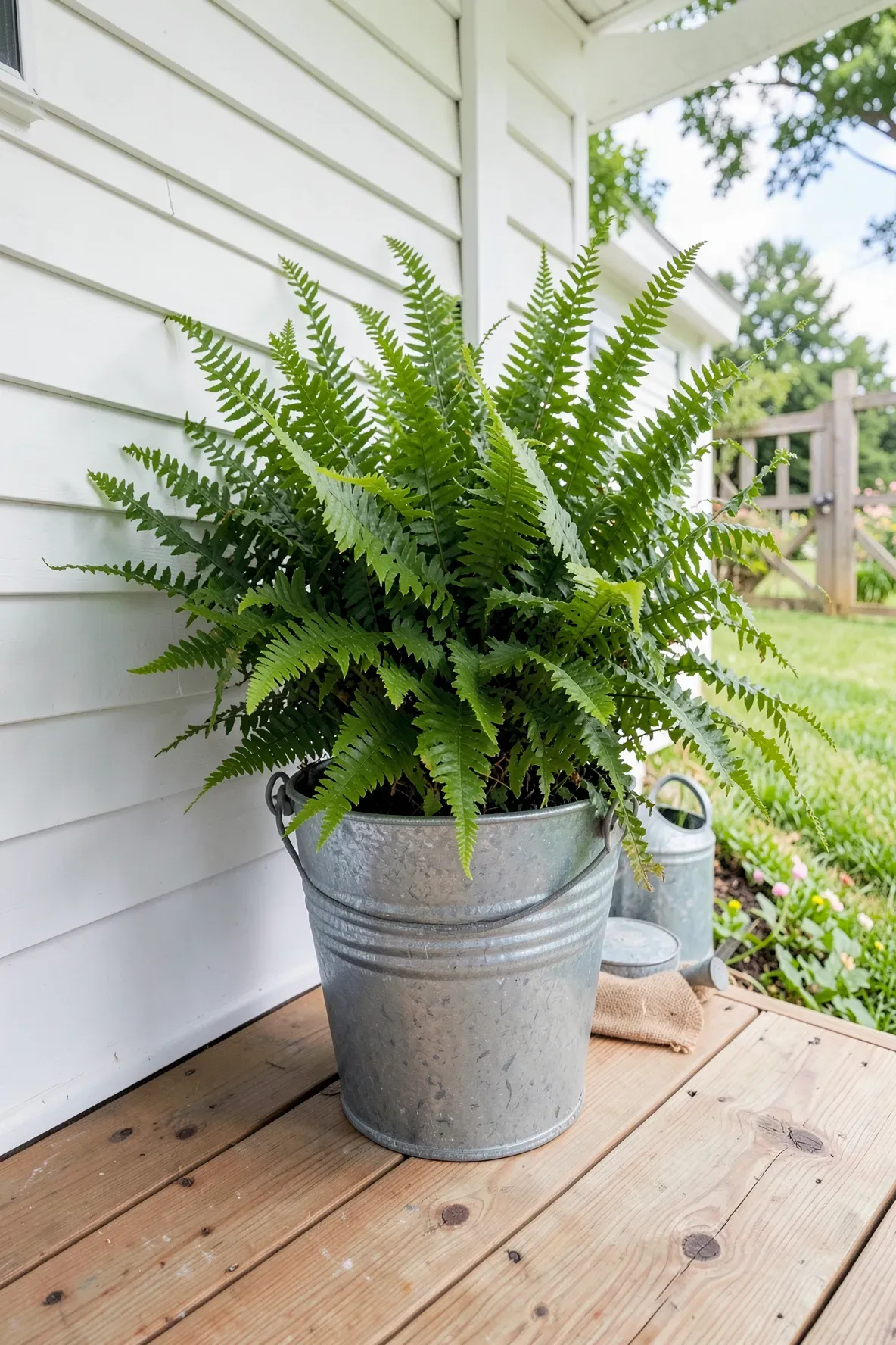 A large Kimberly Queen fern in a galvanized steel bucket on a wooden farmhouse porch.