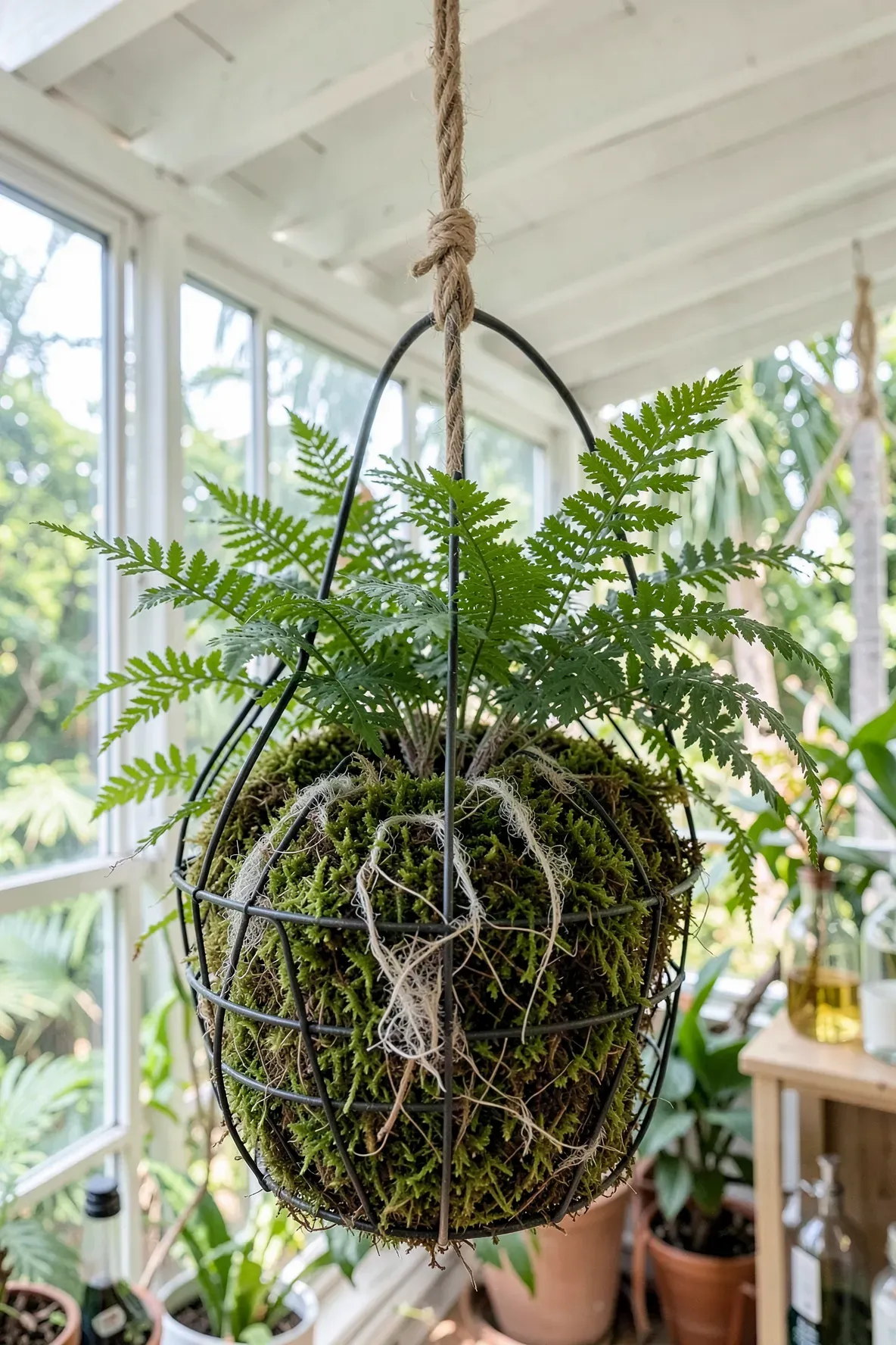 A Rabbit's Foot fern with furry rhizomes in a moss-lined wire basket hanging in a sunroom.