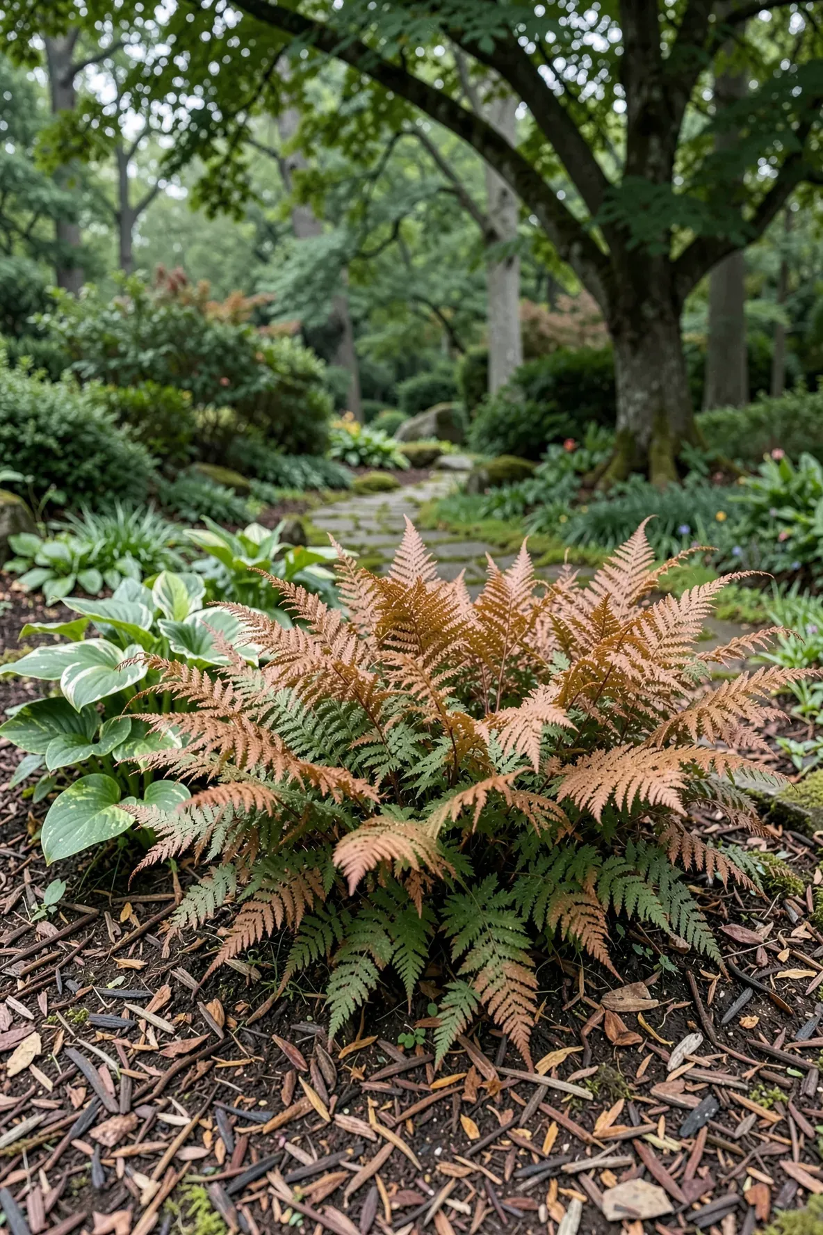 A grouping of Autumn ferns with copper and green fronds in a shaded garden with bark mulch.