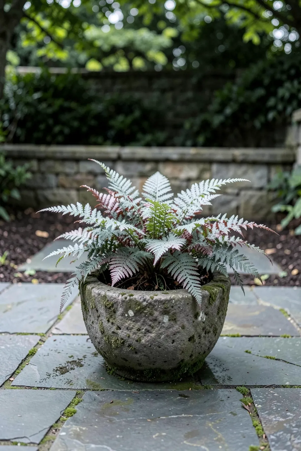 A Japanese Painted Fern with silver and burgundy leaves in a rustic stone trough on a slate path.