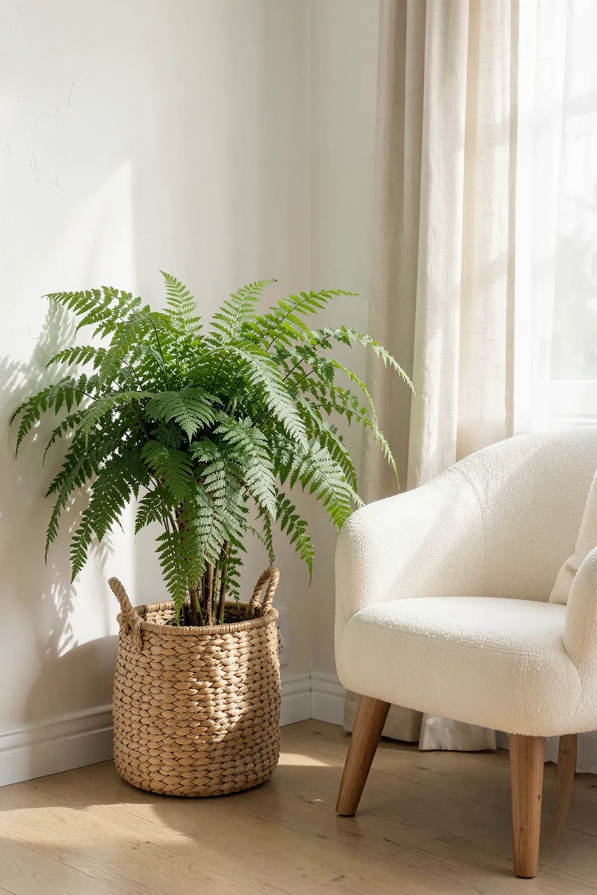 A large Boston fern in a textured seagrass basket sitting in a bright, sunlit room corner.