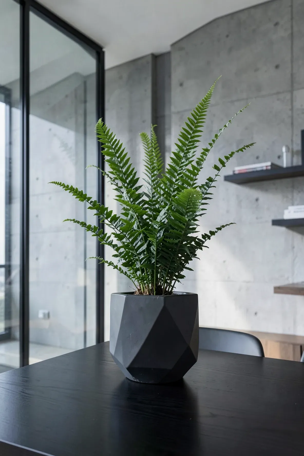 An upright Sword Fern in a faceted charcoal pot on a sleek dark wood desk in a modern office.