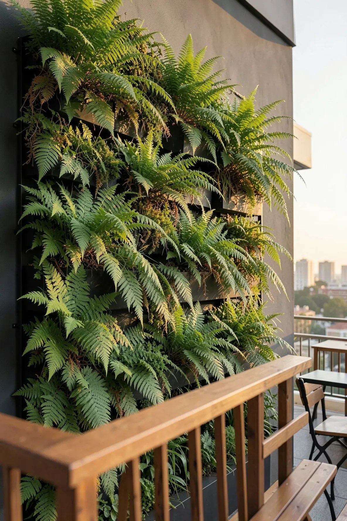A lush vertical wall of Ostrich Ferns in a tiered black planter on a modern balcony at sunset.