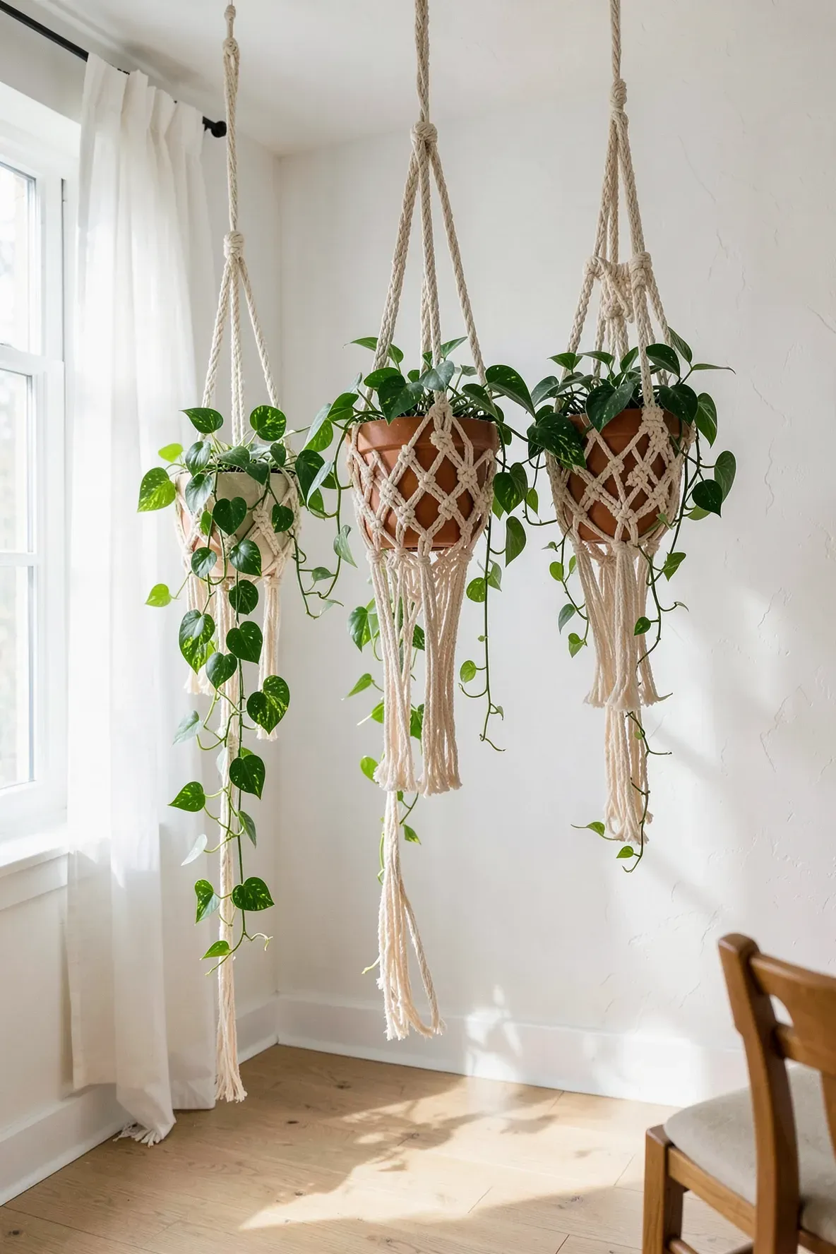 Three macramé plant hangers with trailing green vines hanging in a bright, sunlit room corner.