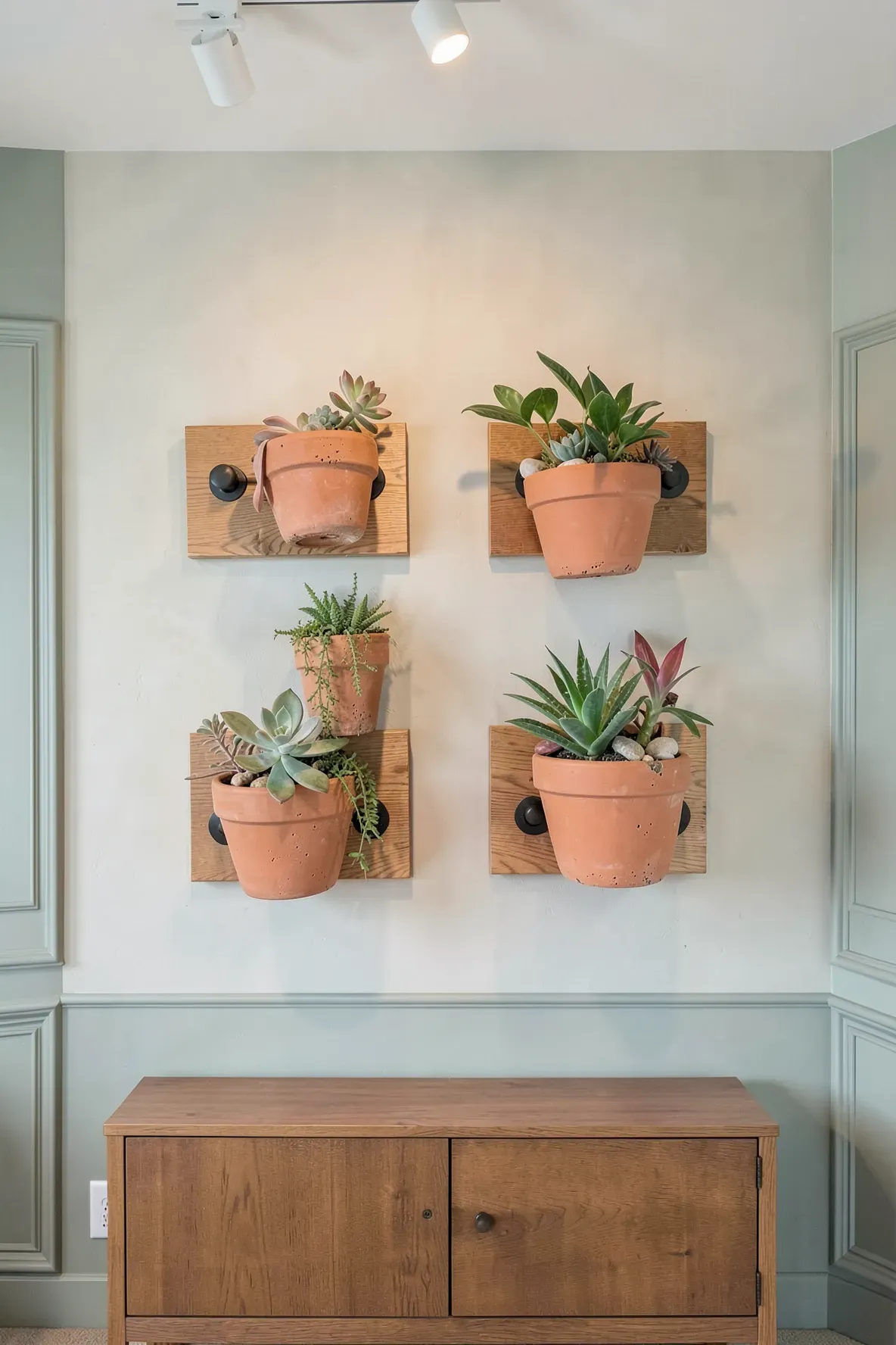A grid of four wooden wall sconces holding terracotta pots with succulents on a sage green wall.