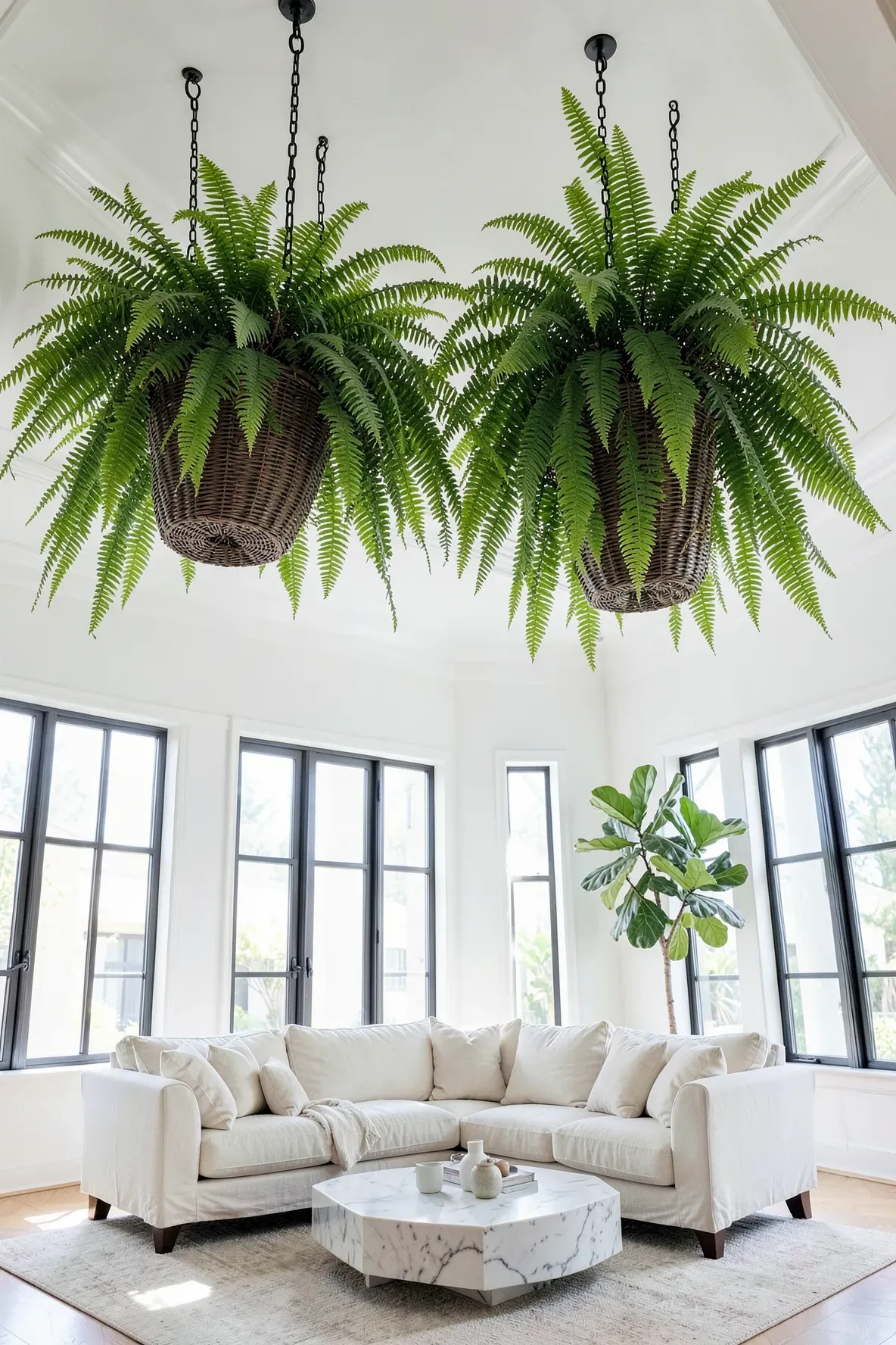 Large, lush Boston ferns hanging from high ceiling hooks in a bright, modern living room.