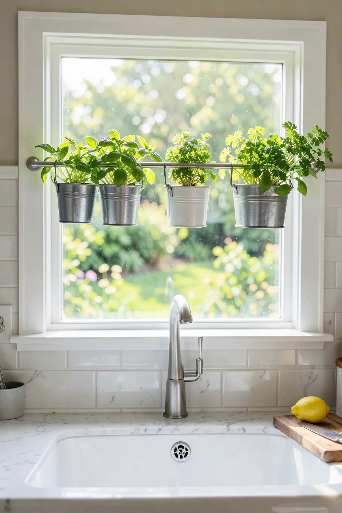 Small herb pots hanging from a tension rod in a bright kitchen window over a farmhouse sink.