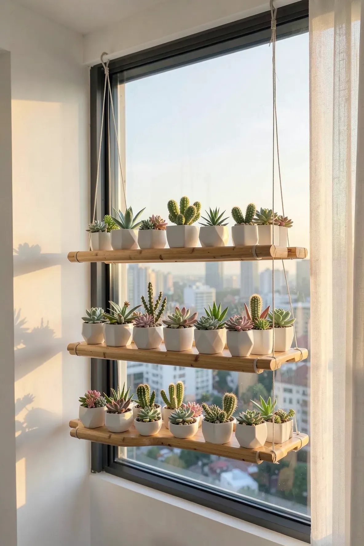 Tiered bamboo shelves hanging by thin cables in front of a window, filled with small succulents.