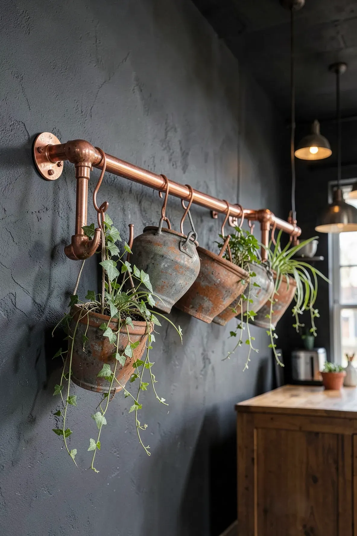 A polished copper rail mounted on a dark wall with clay pots hanging from S-hooks.