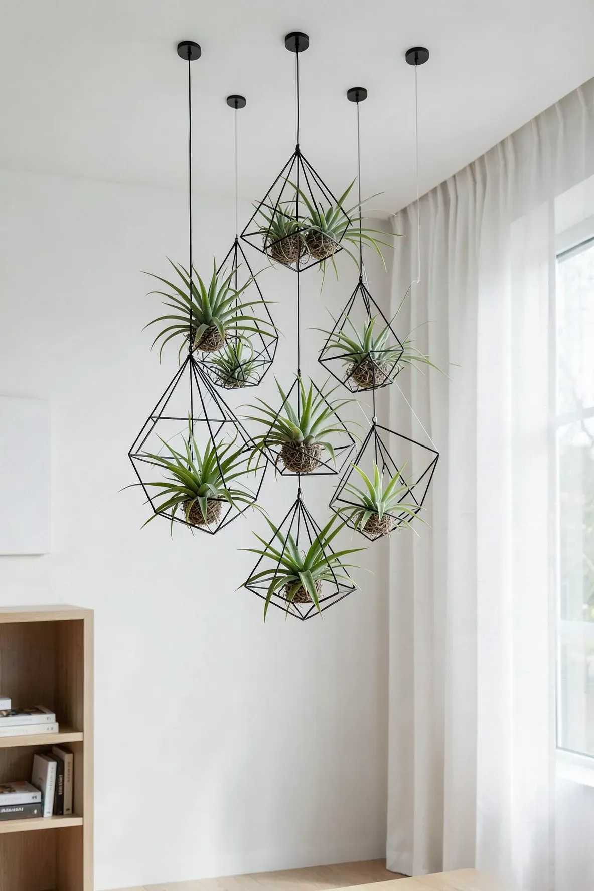 Five black geometric wire cages with air plants hanging at different heights in a bright room.