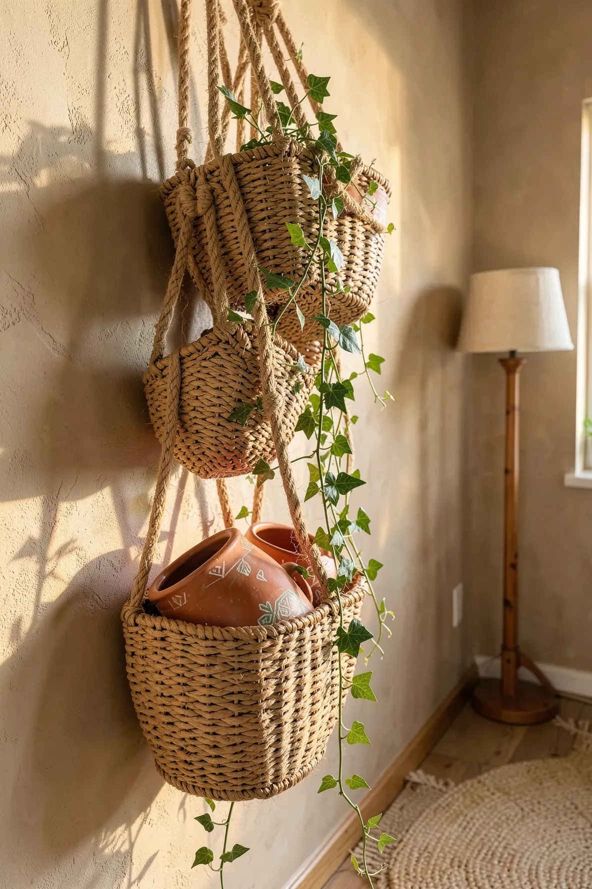 Three woven baskets with painted terracotta pots and trailing plants hanging in a sunlit corner.