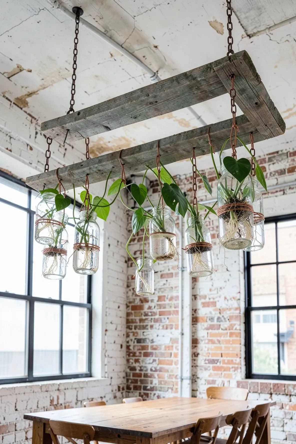A rustic wooden ladder hanging horizontally from a ceiling with glass jars for plant propagation.