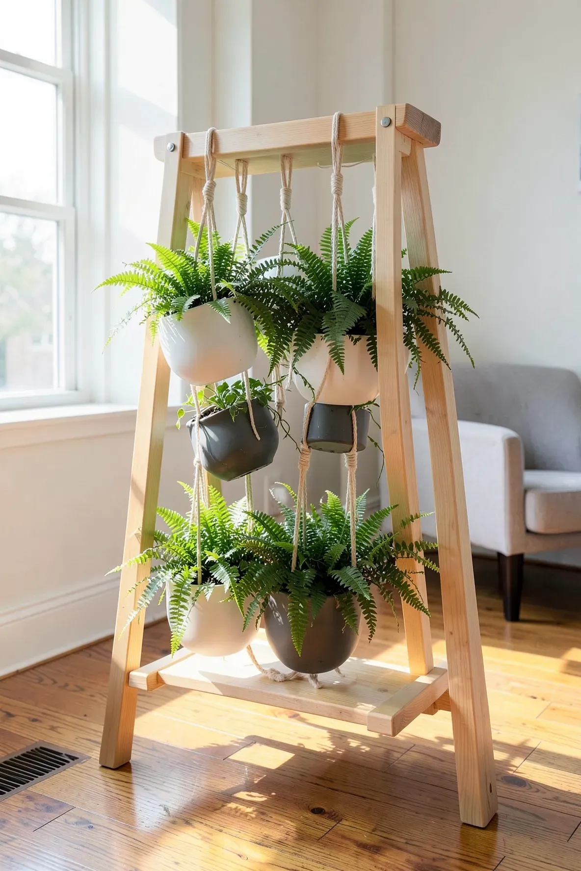 A wooden A-frame stand with several white and grey pots hanging at different levels.
