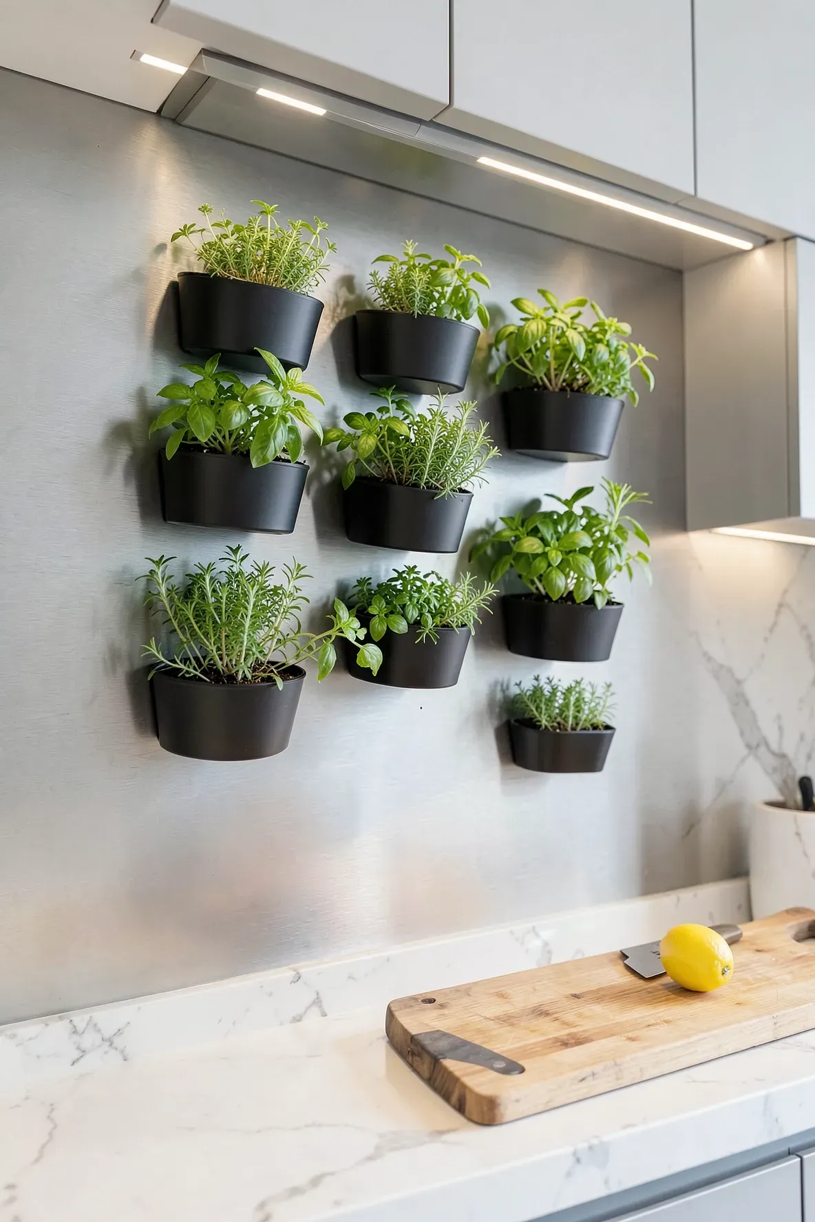 Six black magnetic planters with fresh herbs attached to a stainless steel kitchen backsplash.