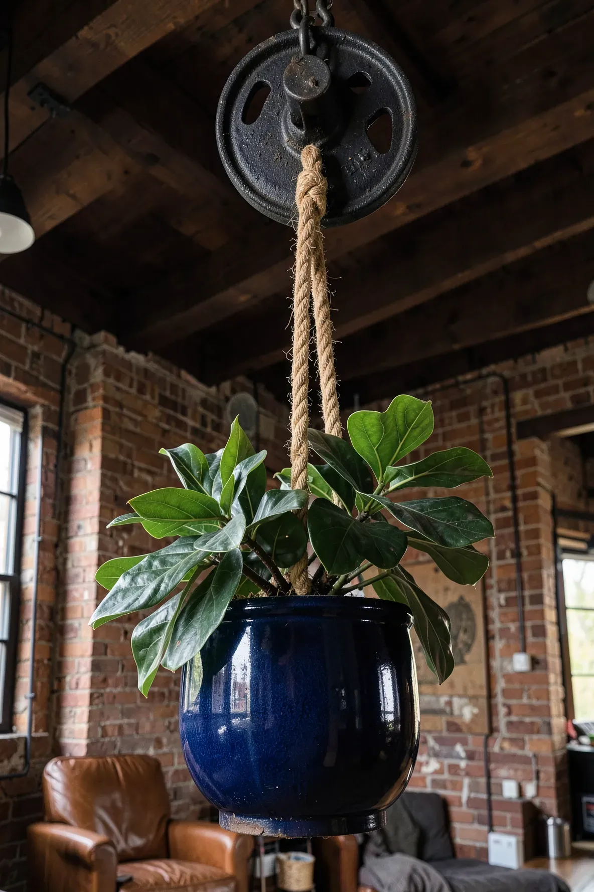 An industrial black pulley and thick rope holding a large navy blue pot with a Fiddle Leaf Fig.