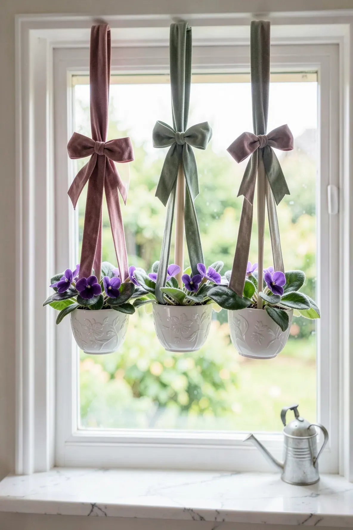 Small white porcelain pots with purple flowers hanging from dusty rose velvet ribbons in a window.