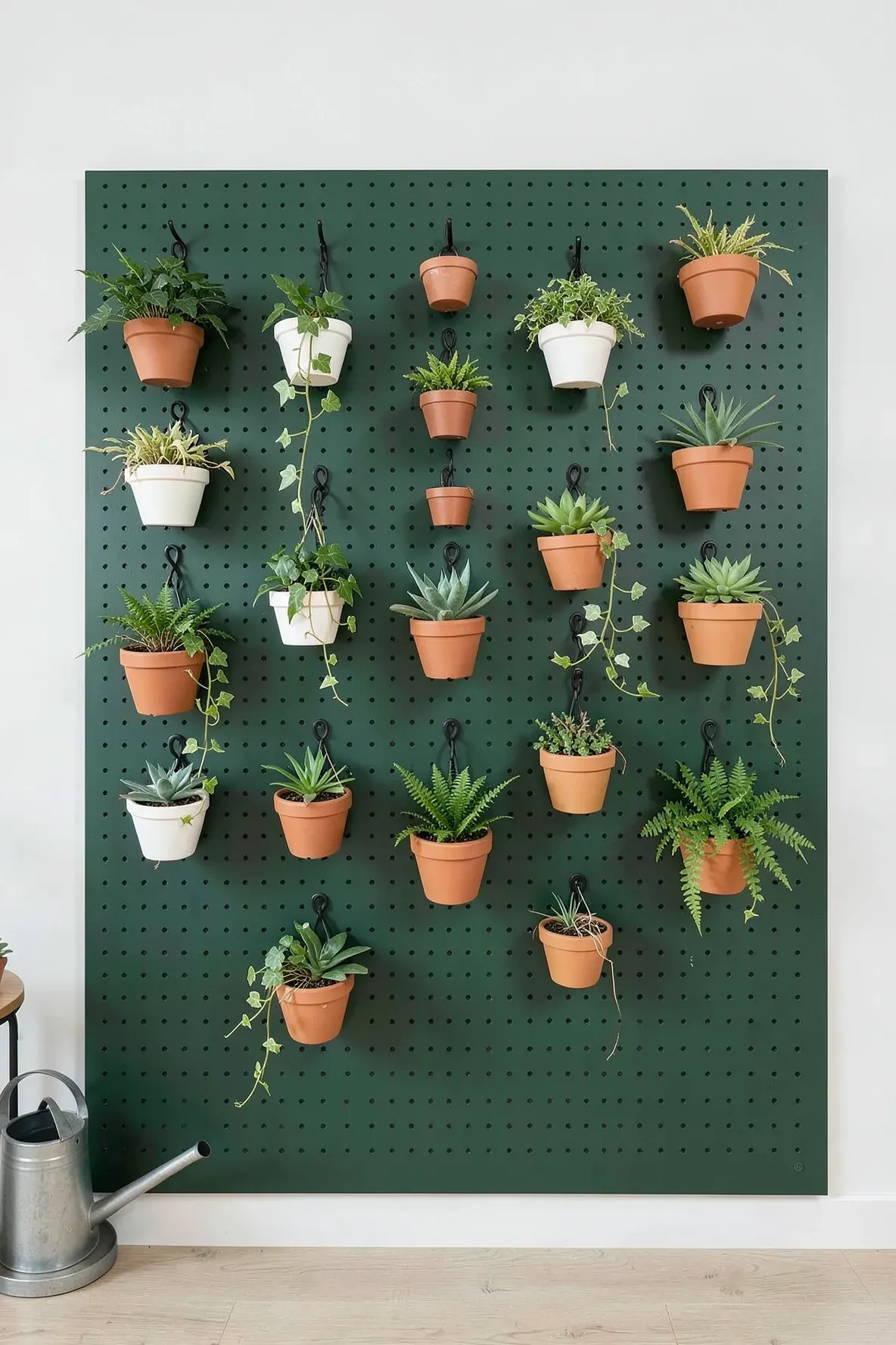 A dark green pegboard wall with many small potted plants hanging from adjustable black hooks.