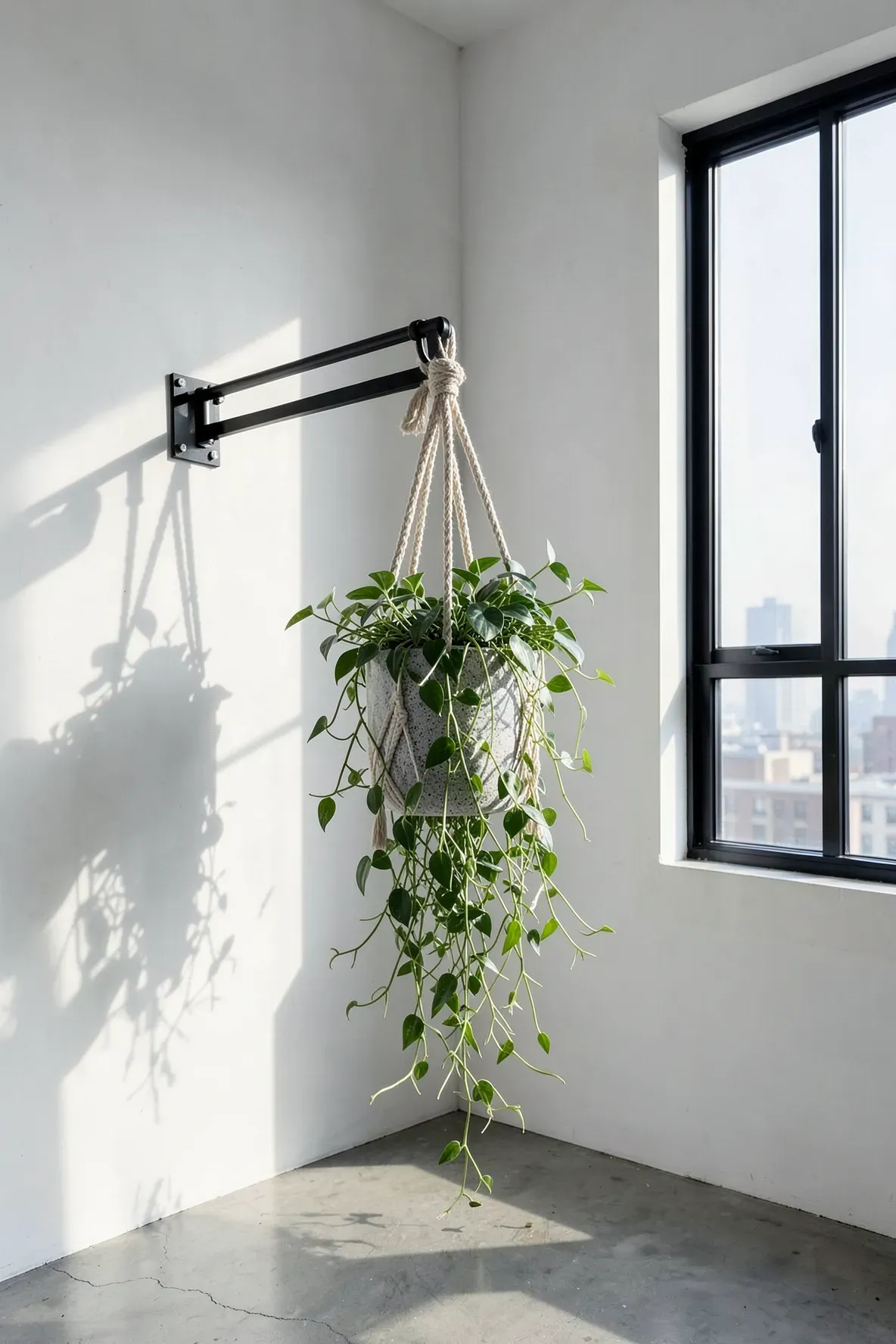 A black steel swivel bracket mounted in a white corner holding a hanging plant near a window.