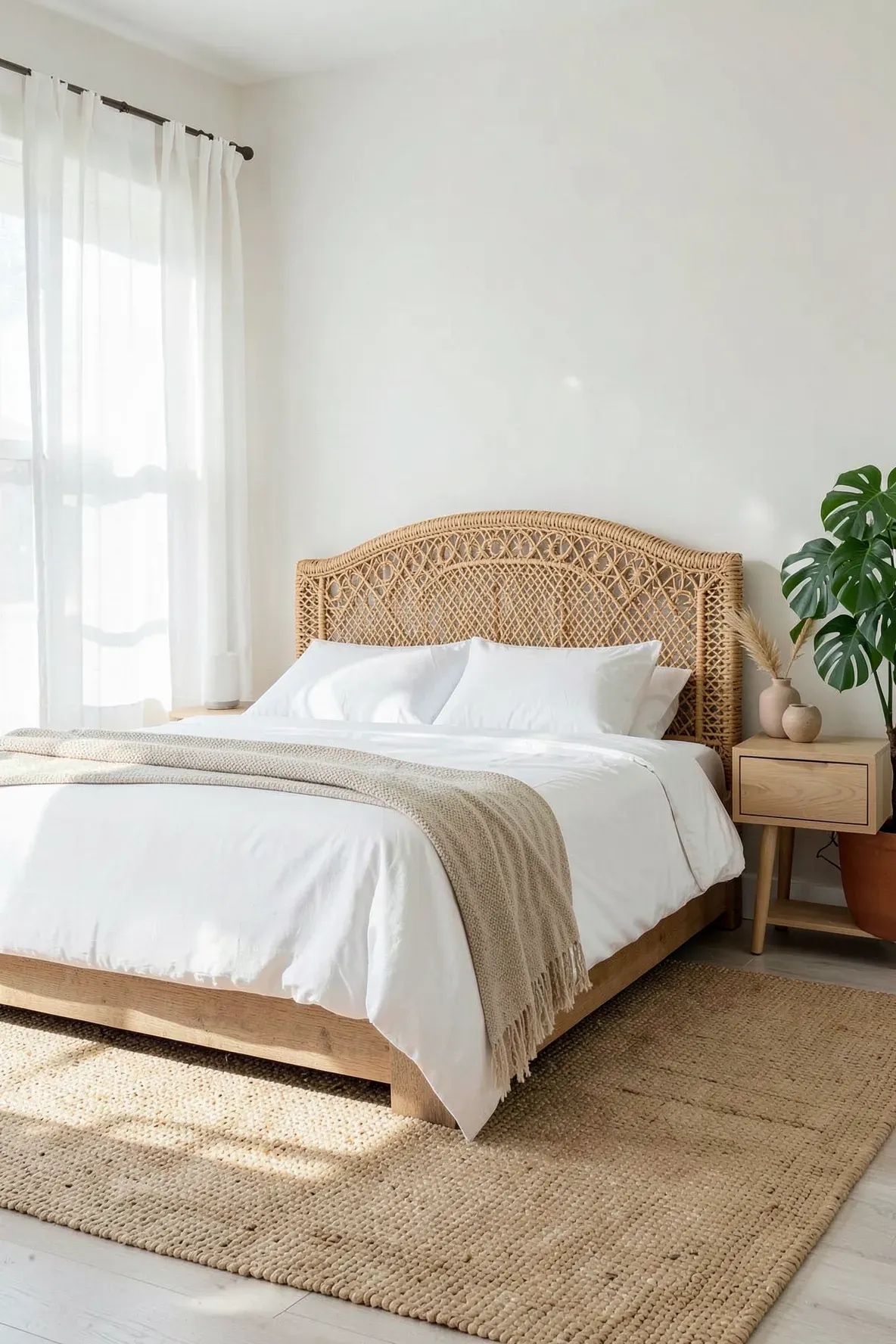 A bright bedroom featuring an intricate woven rattan headboard and white bedding.