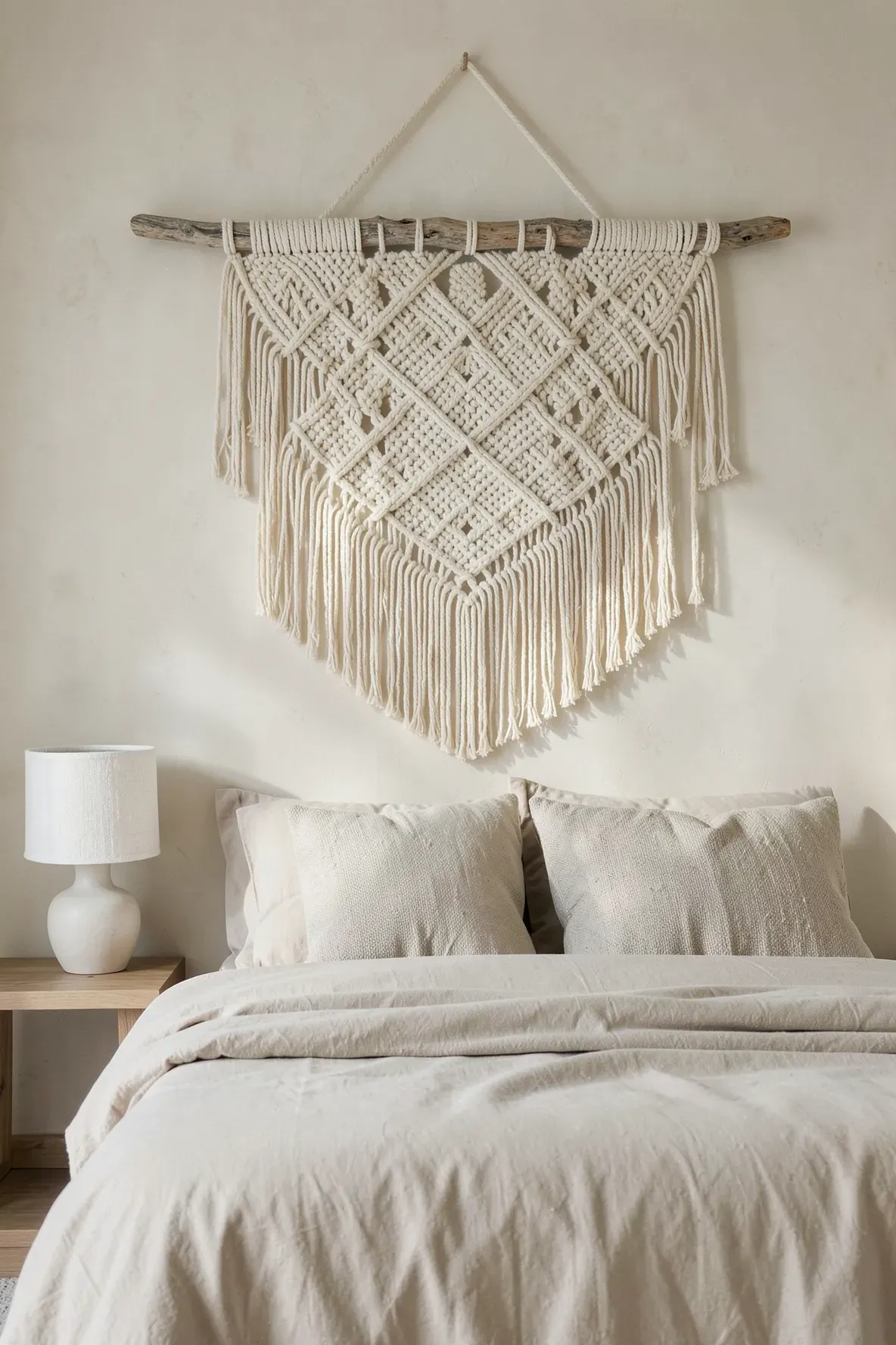 A large cream macramé wall hanging with intricate knots above a bed with neutral linens.