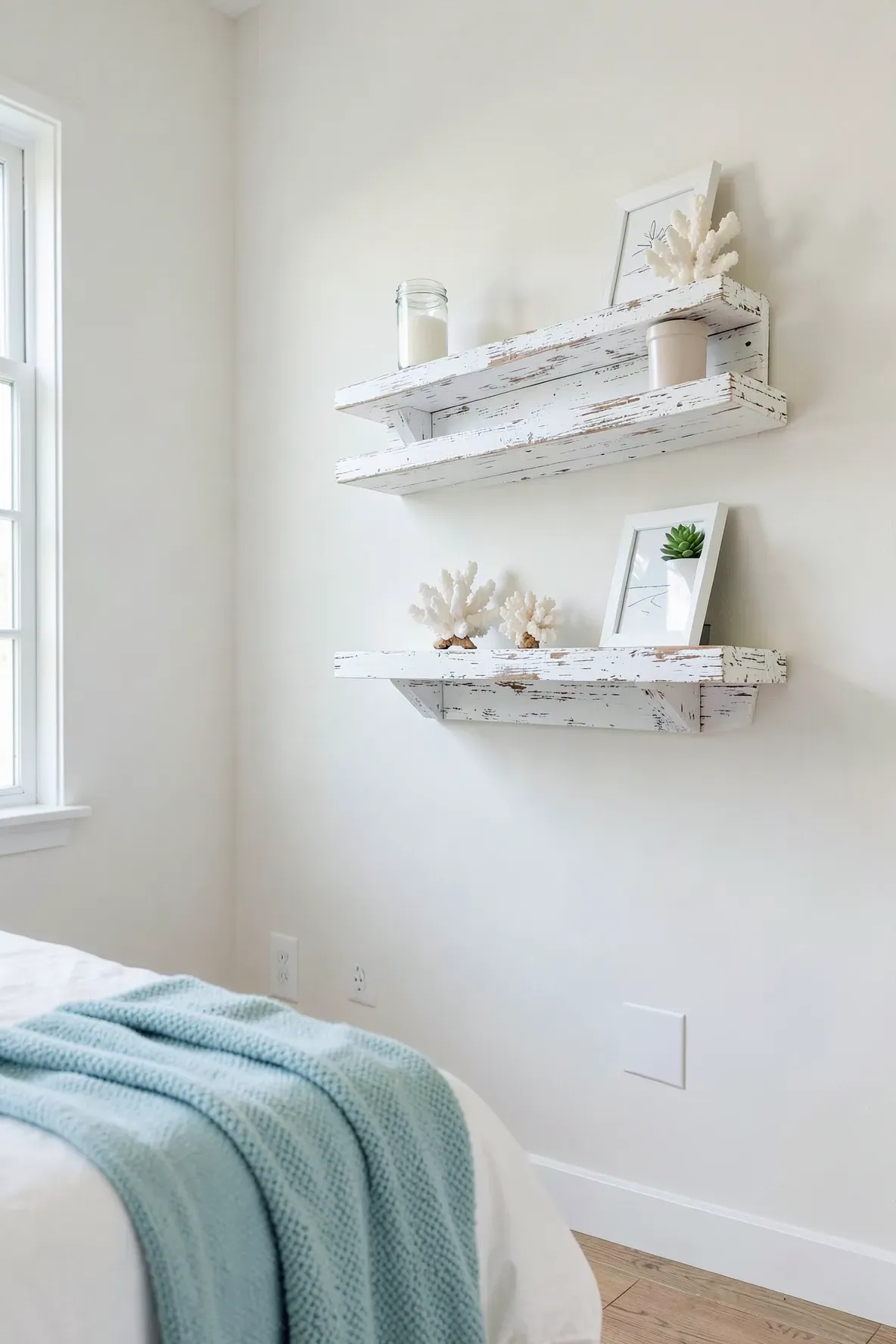 Staggered white wood floating shelves with beach decor like coral and sand jars.