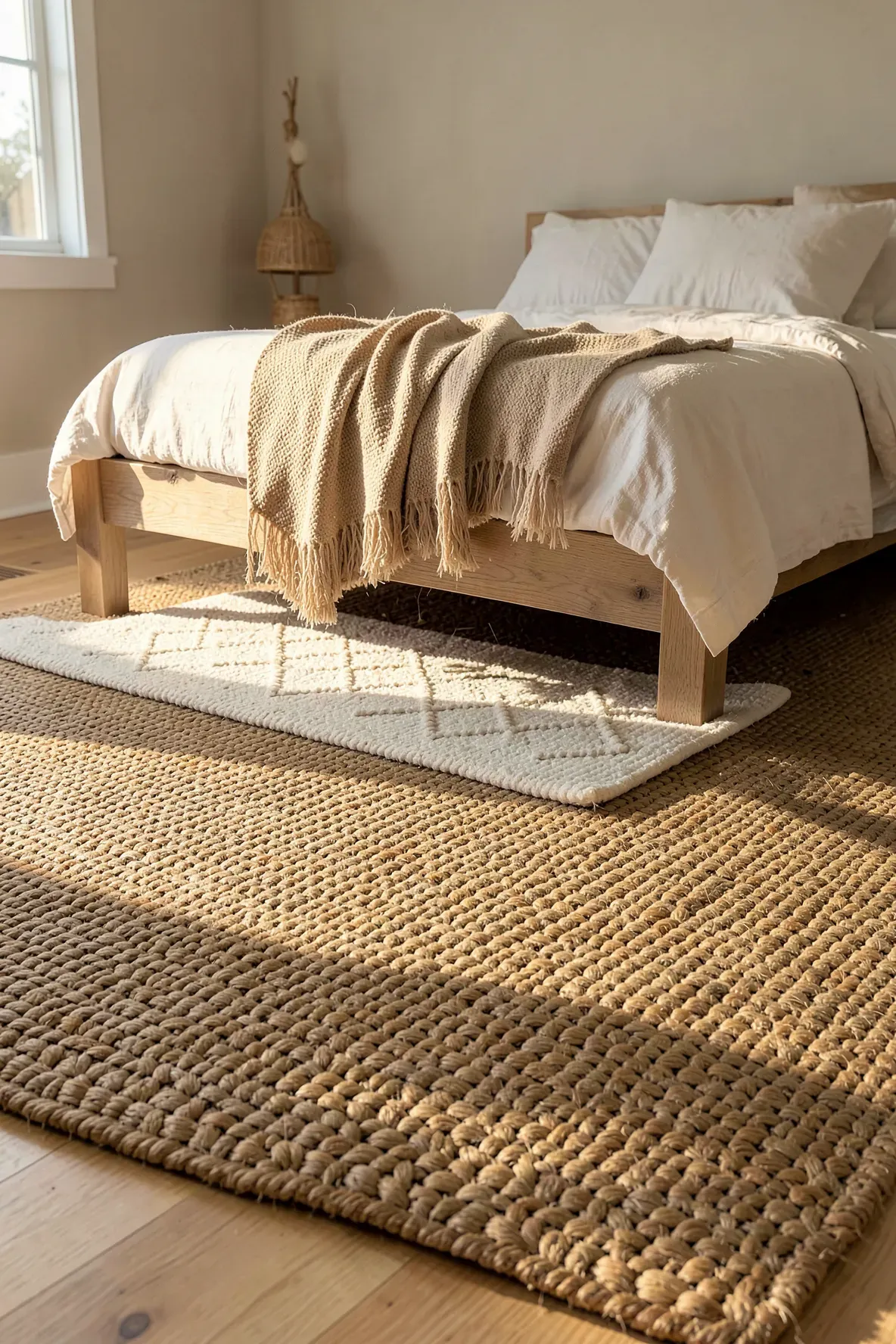 A large tan jute rug layered with a smaller white cotton rug in a coastal bedroom.