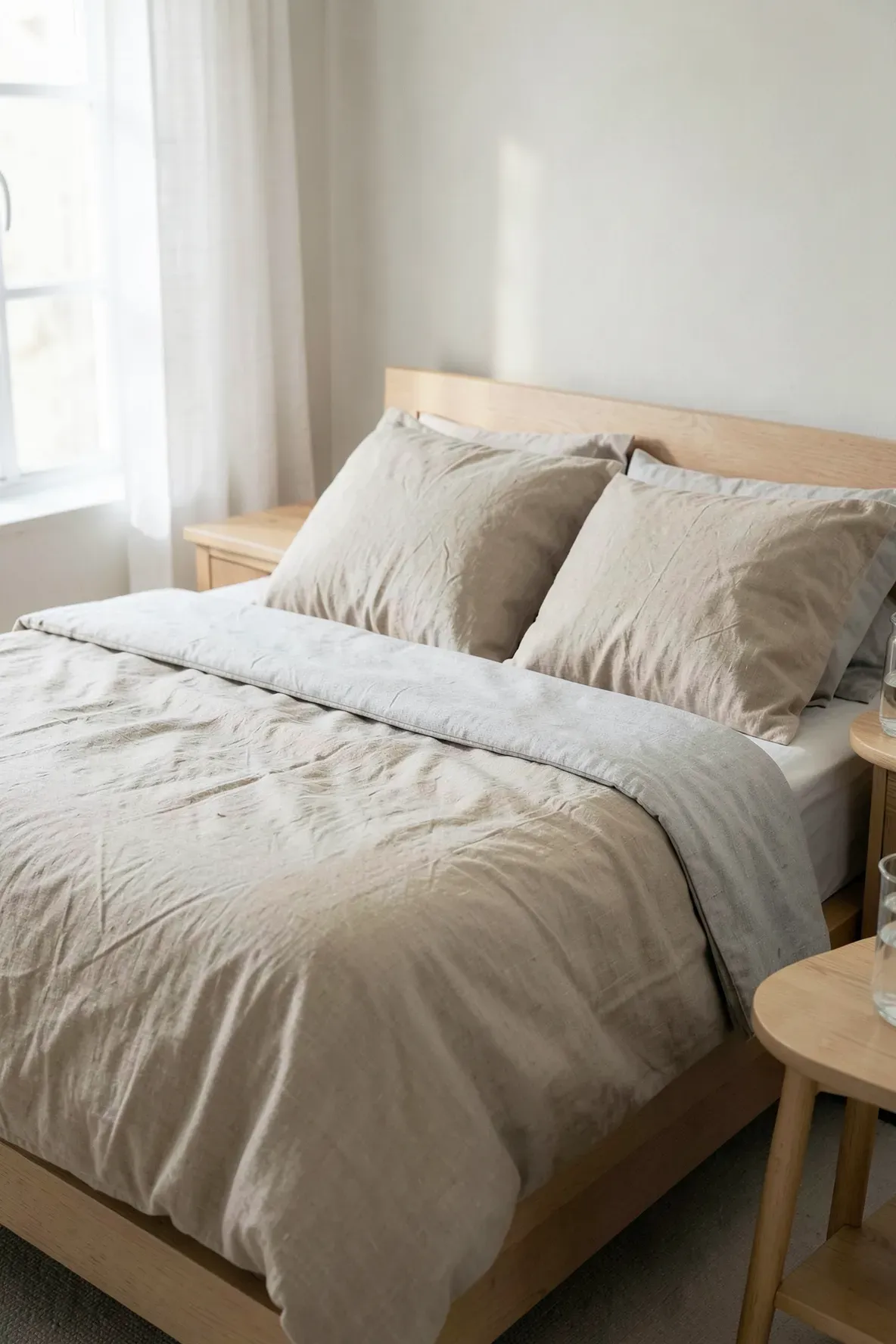 Relaxed oatmeal-colored linen bedding on a light wood bed in a sunlit room.