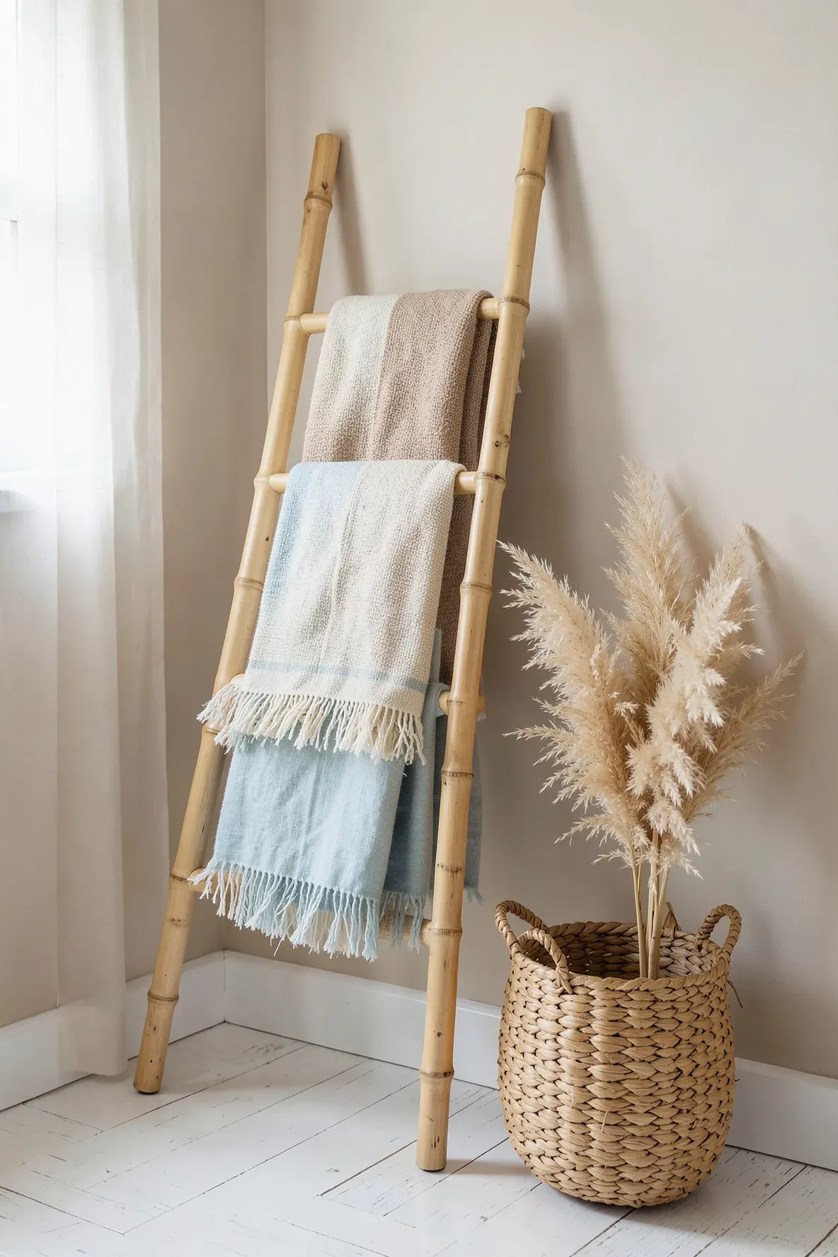 A natural bamboo ladder leaning against a wall, holding several textured throw blankets.