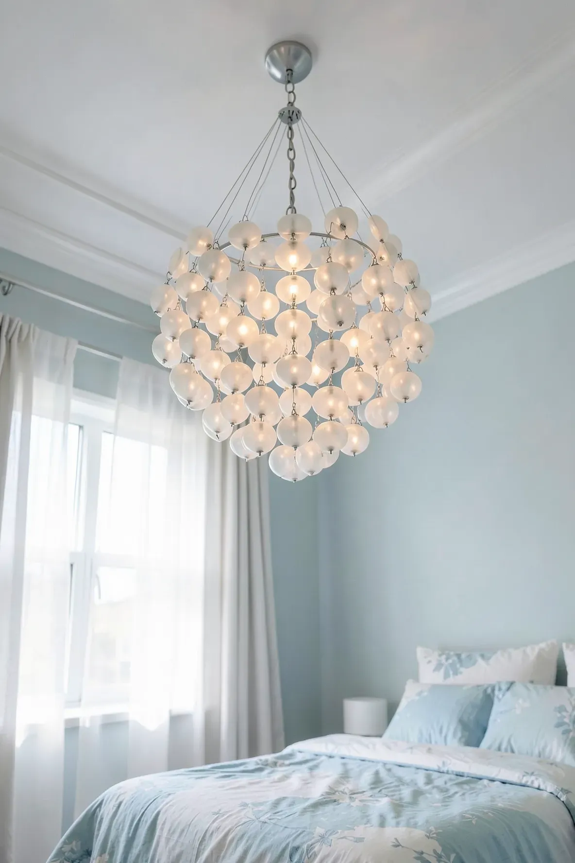 A tiered capiz shell chandelier hanging from the ceiling in a bright, coastal-themed bedroom.
